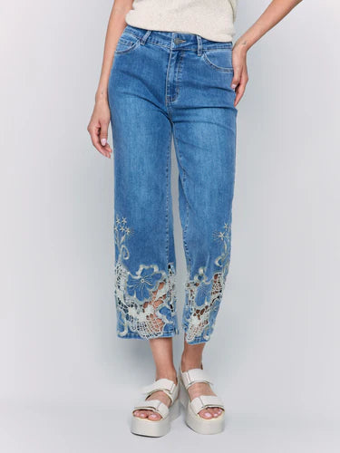 LACE SIDE CUT FLARE JEANS-Denim-CHARLIE B-Coriander