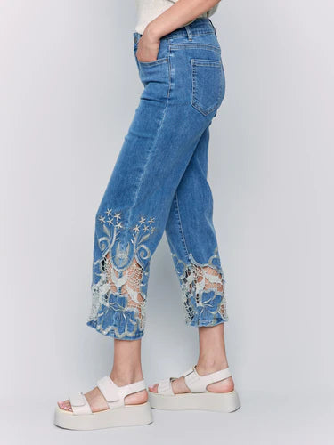 LACE SIDE CUT FLARE JEANS-Denim-CHARLIE B-Coriander