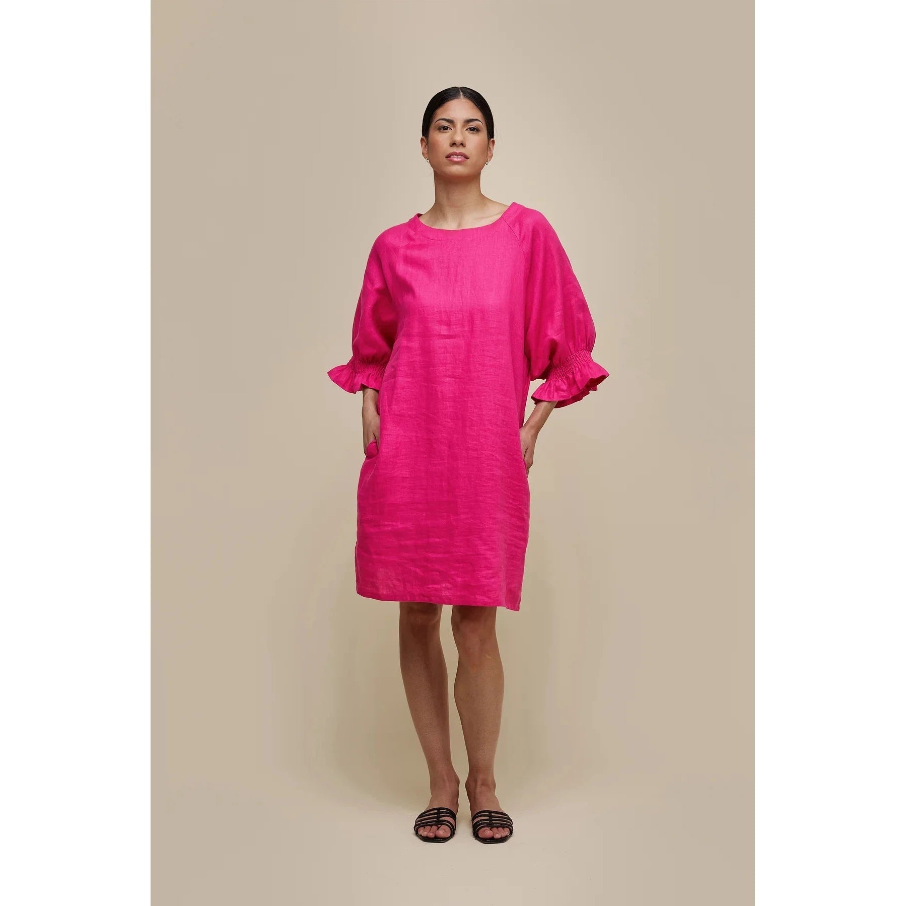 LINEN A-LINE RAGLAN SLEEVE DRESS-Dresses-UCHUU-ONE-FUSCHIA-Coriander