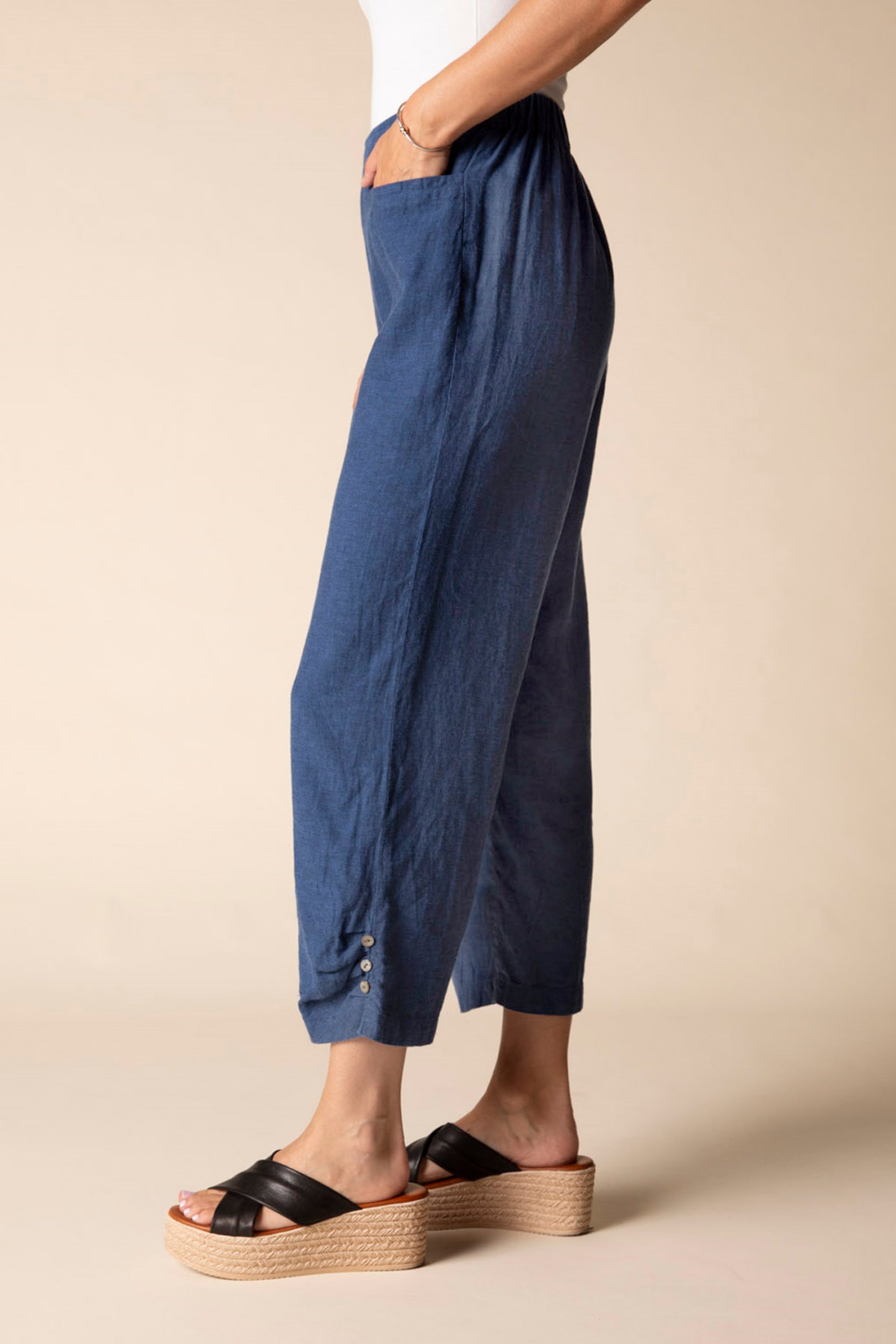 LINEN CAPRI | PLEAT BUTTON-Bottom-HABITAT-Coriander