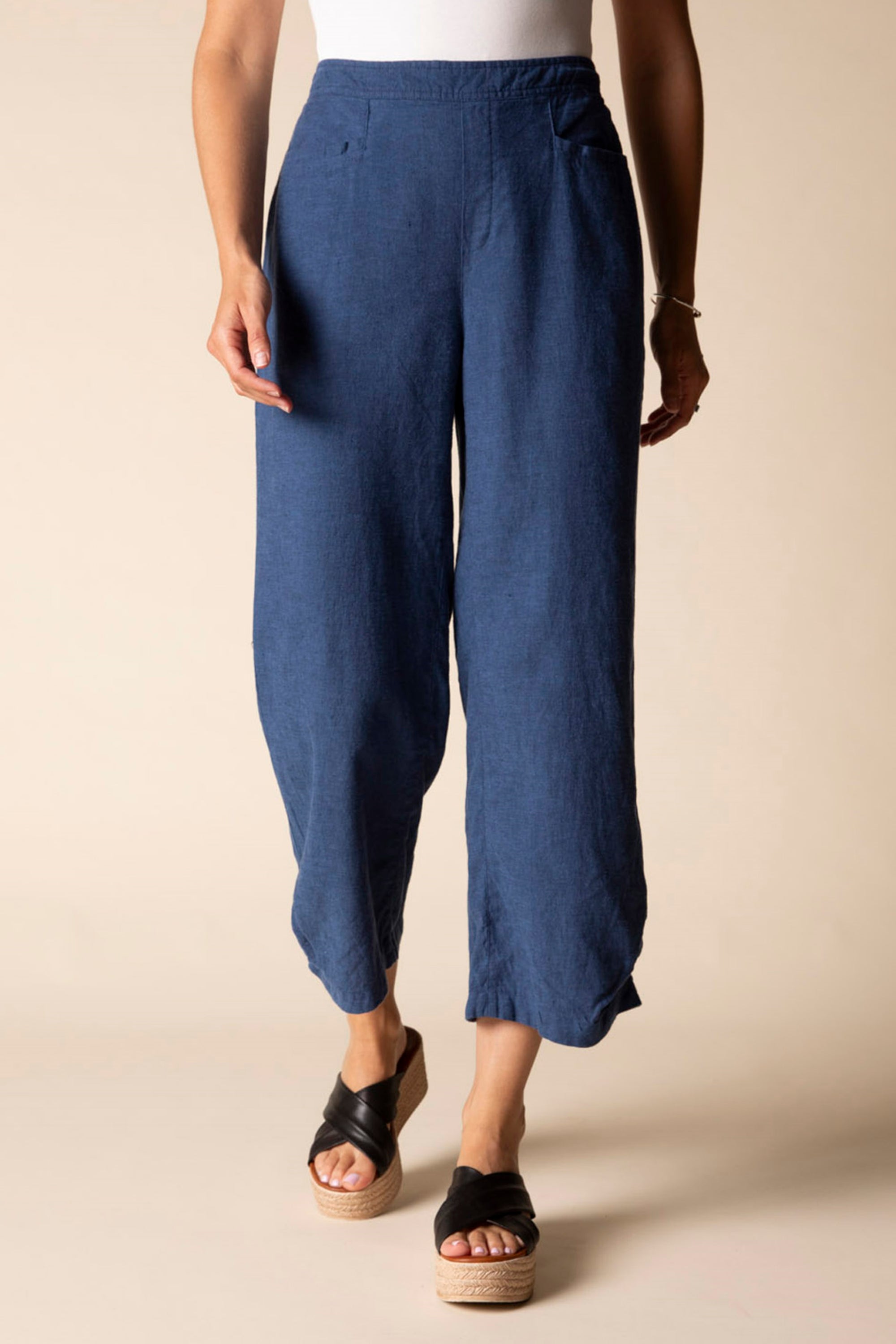 LINEN CAPRI | PLEAT BUTTON-Bottom-HABITAT-SMALL-NAVY-Coriander