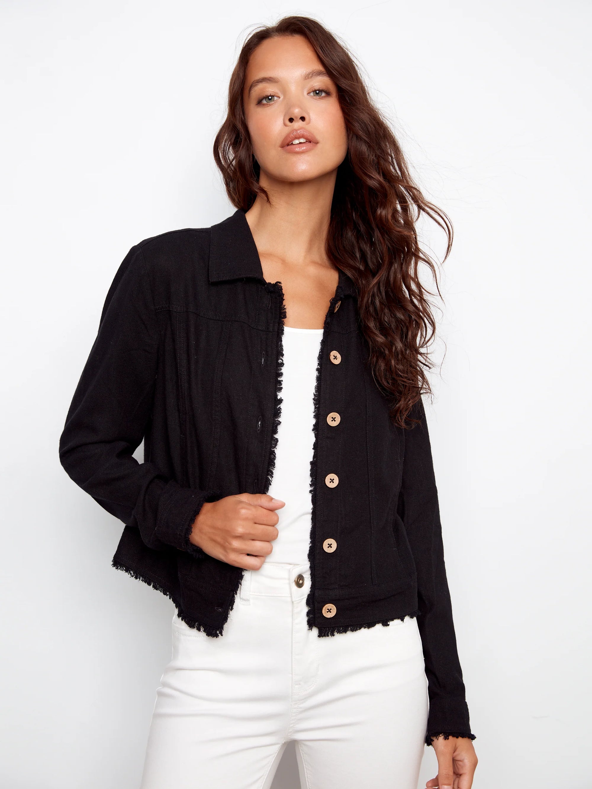 LINEN JACKET | FRAYED HEM-Jackets & Sweaters-CHARLIE B-Coriander