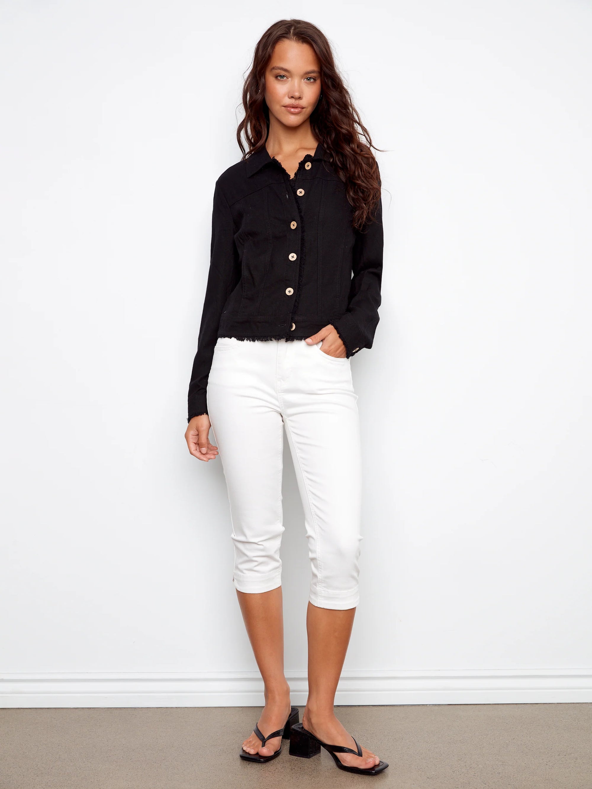 LINEN JACKET | FRAYED HEM-Jackets & Sweaters-CHARLIE B-Coriander