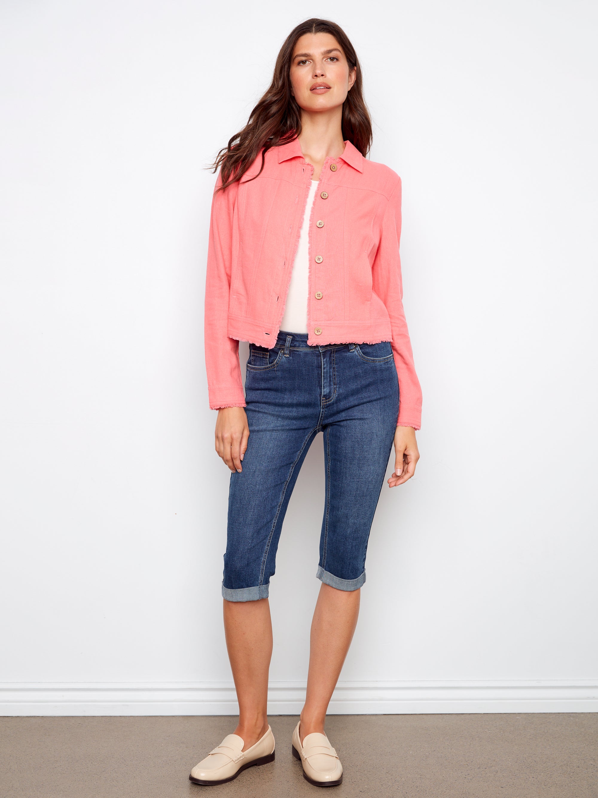 LINEN JACKET | FRAYED HEM-Jackets & Sweaters-CHARLIE B-XSMALL-SORBET-Coriander