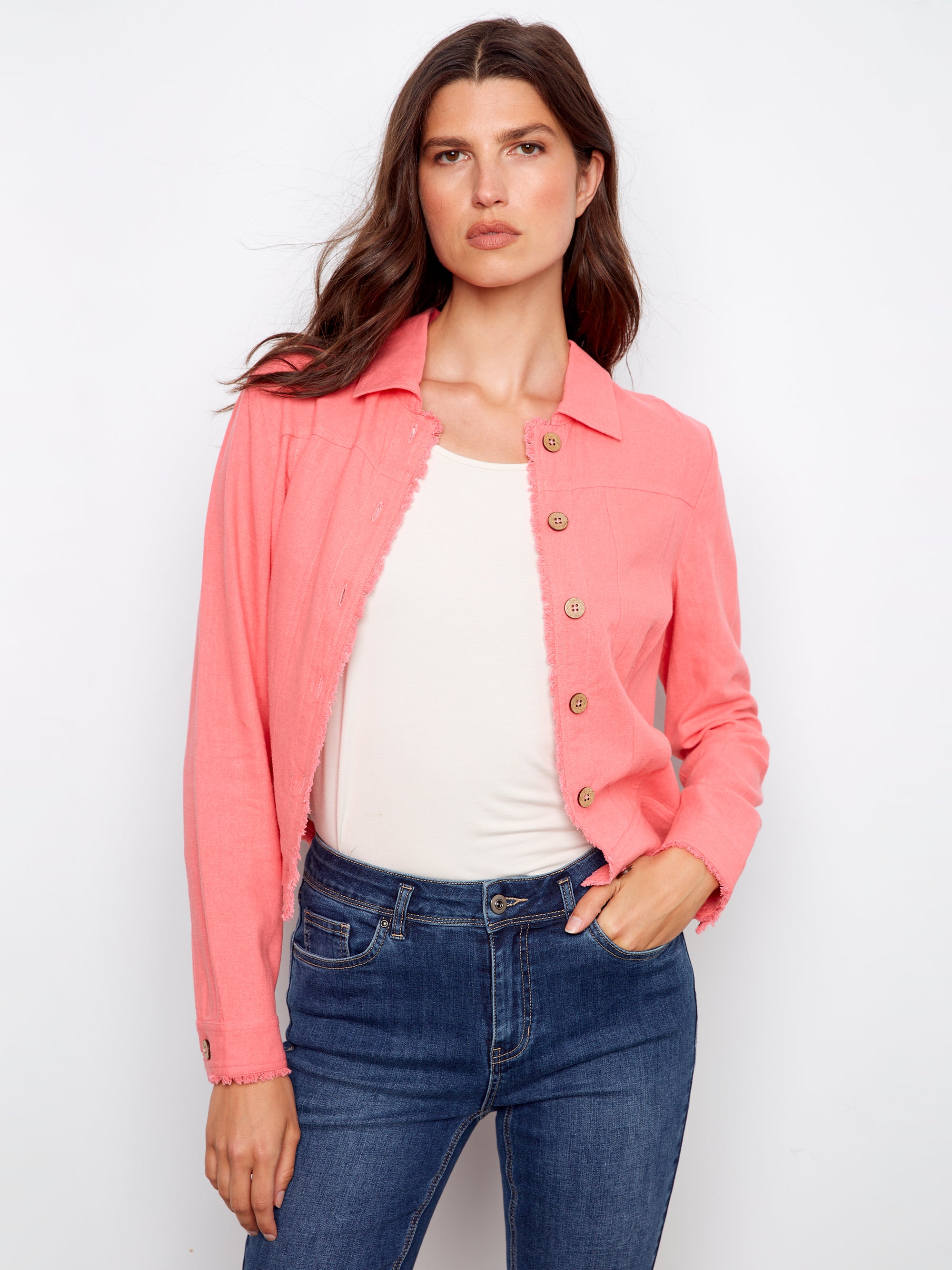 LINEN JACKET | FRAYED HEM-Jackets & Sweaters-CHARLIE B-Coriander