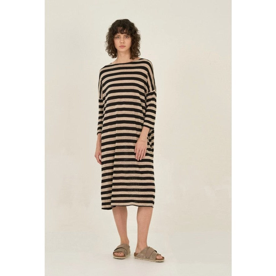 LINEN JERSEY STRIPE DRESS-Dresses-GRADE AND GATHER-SMALL-Black-Coriander