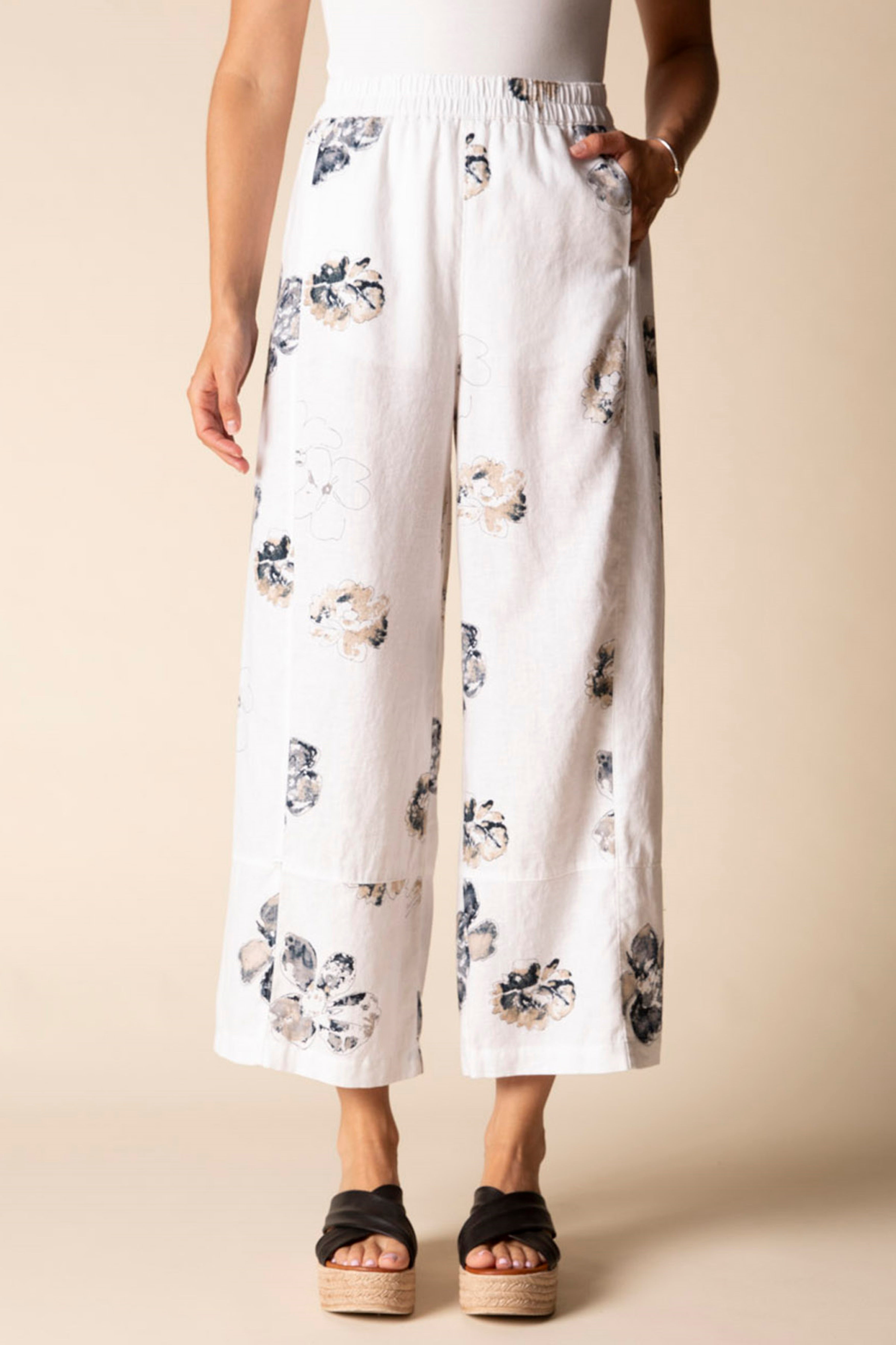 LINEN PANT | FLORAL SEAMED CROP-Bottom-HABITAT-SMALL-WHITE-Coriander