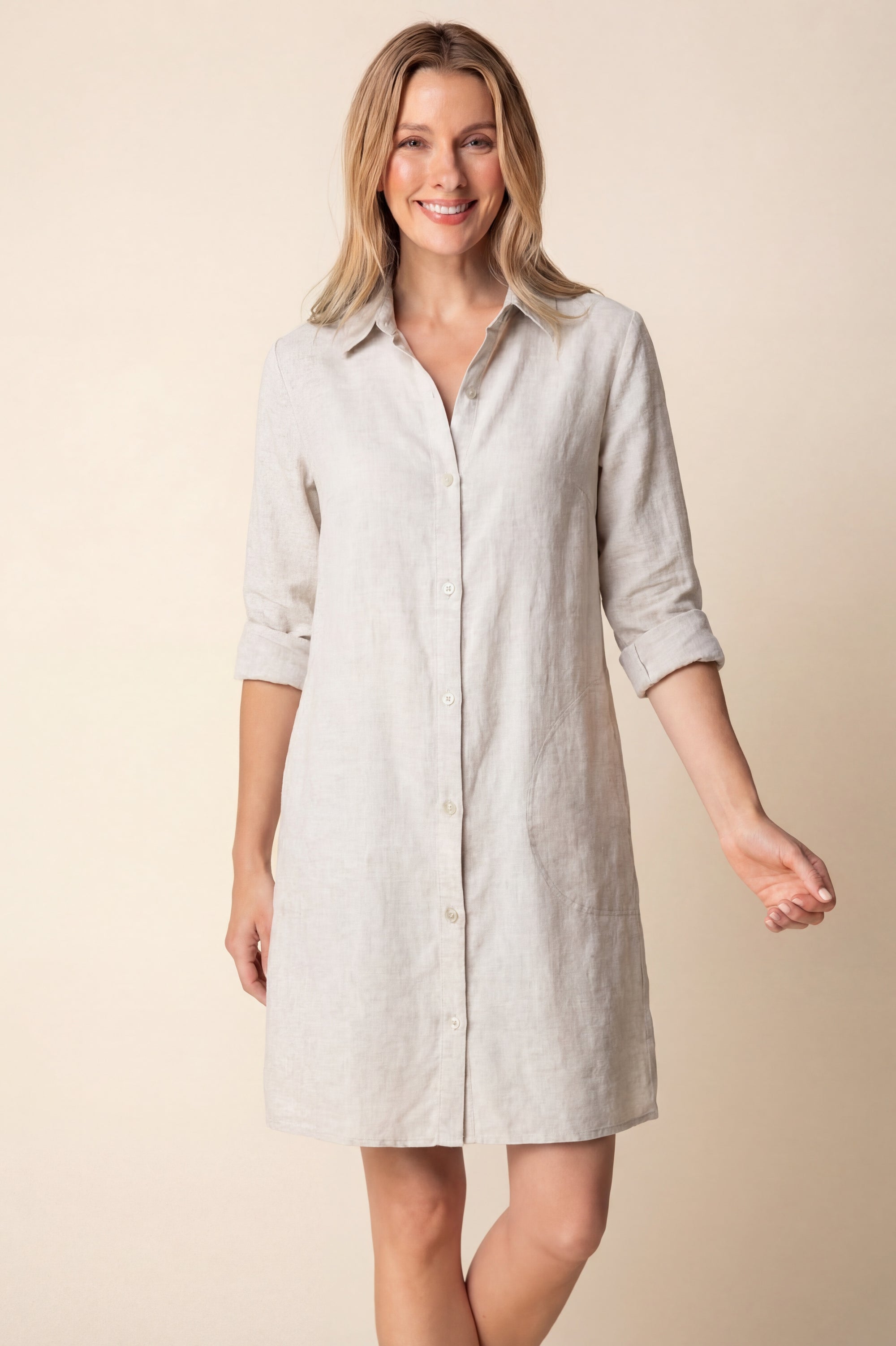 LINEN SHIRT DRESS | GATHERED BACK-Dress-HABITAT-SMALL-OATMEAL-Coriander