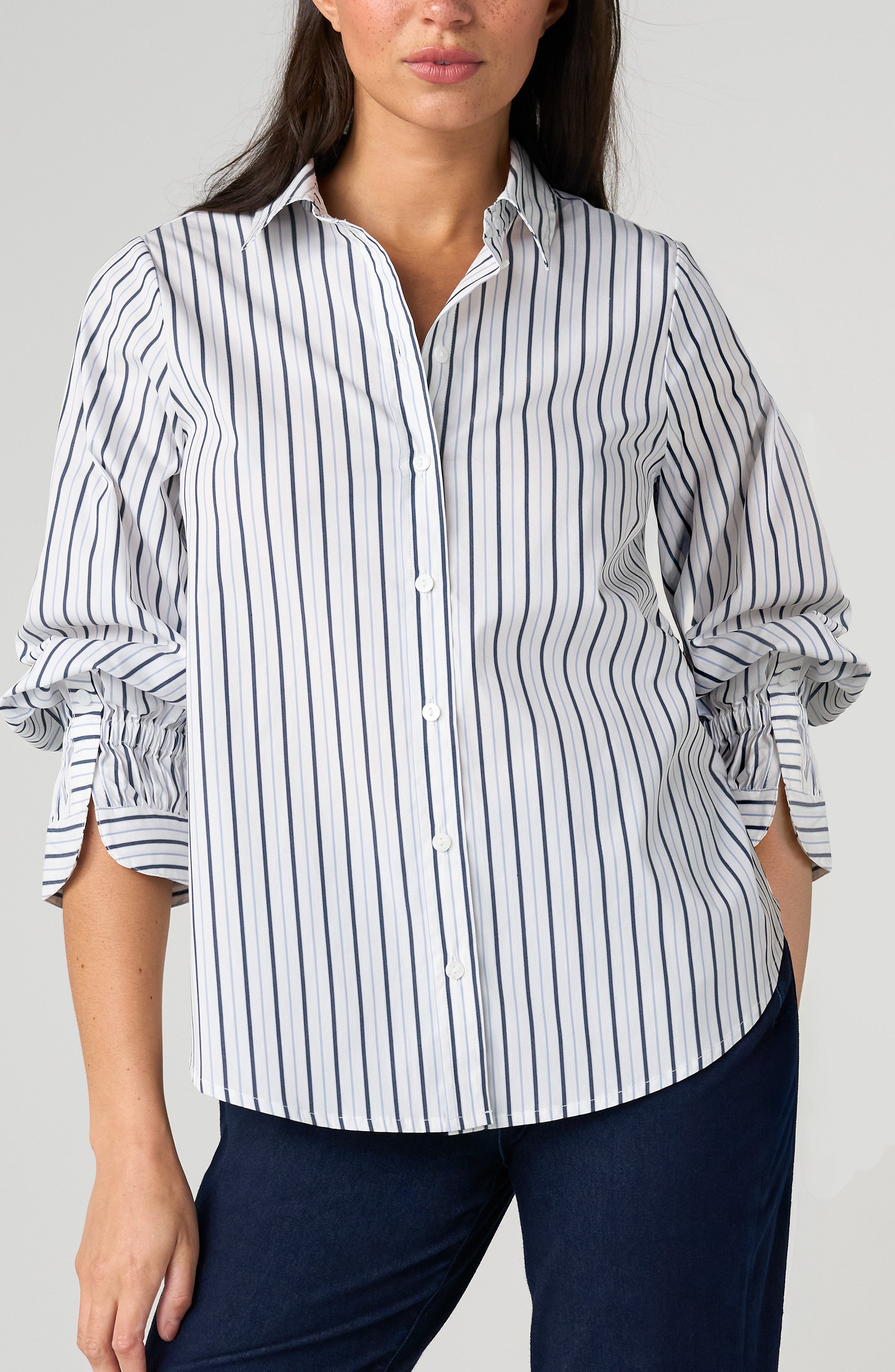 WOMEN'S SHIRT| BUTTON FRONT: NAVY STRIPE