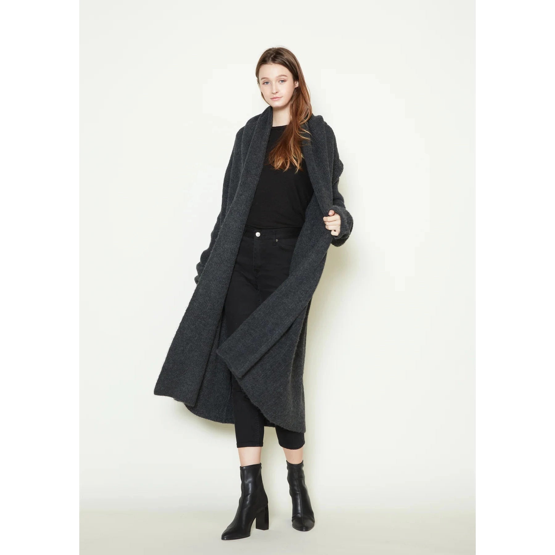 LONG CARDI | WIDE SHAWL COLLAR-Jackets & Sweaters-LOOK BY M-CHARCOAL-Coriander