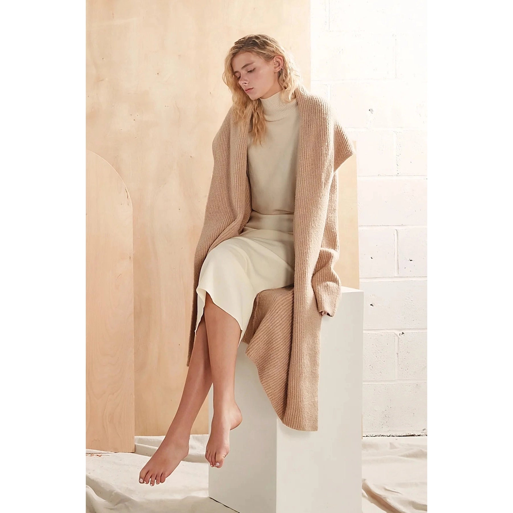 LONG CARDI | WIDE SHAWL COLLAR-Jackets & Sweaters-LOOK BY M-SAND-Coriander