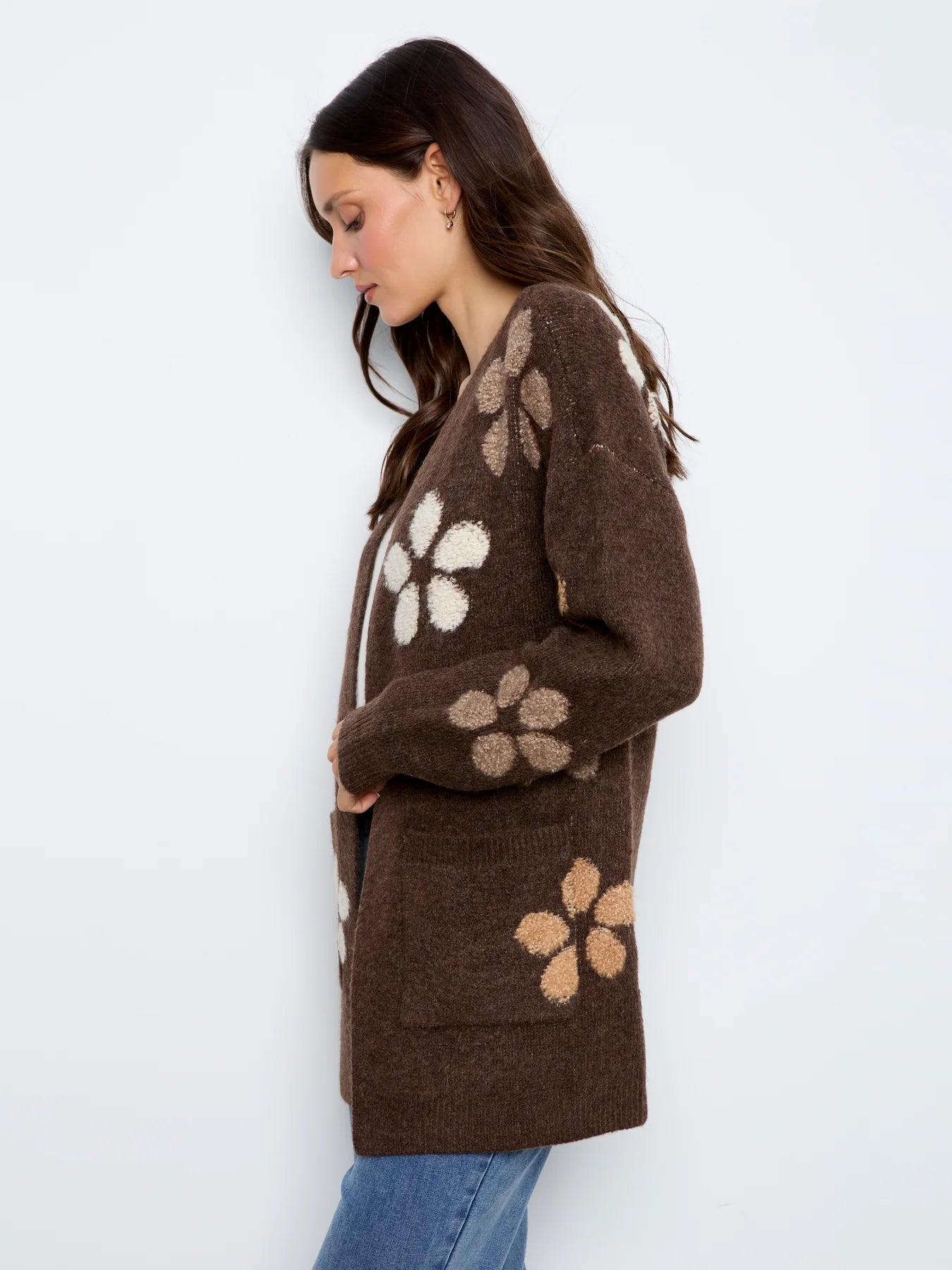 LONG CARDIGAN | FLOWER BOUCLE-Jackets & Sweaters-CHARLIE B-Coriander