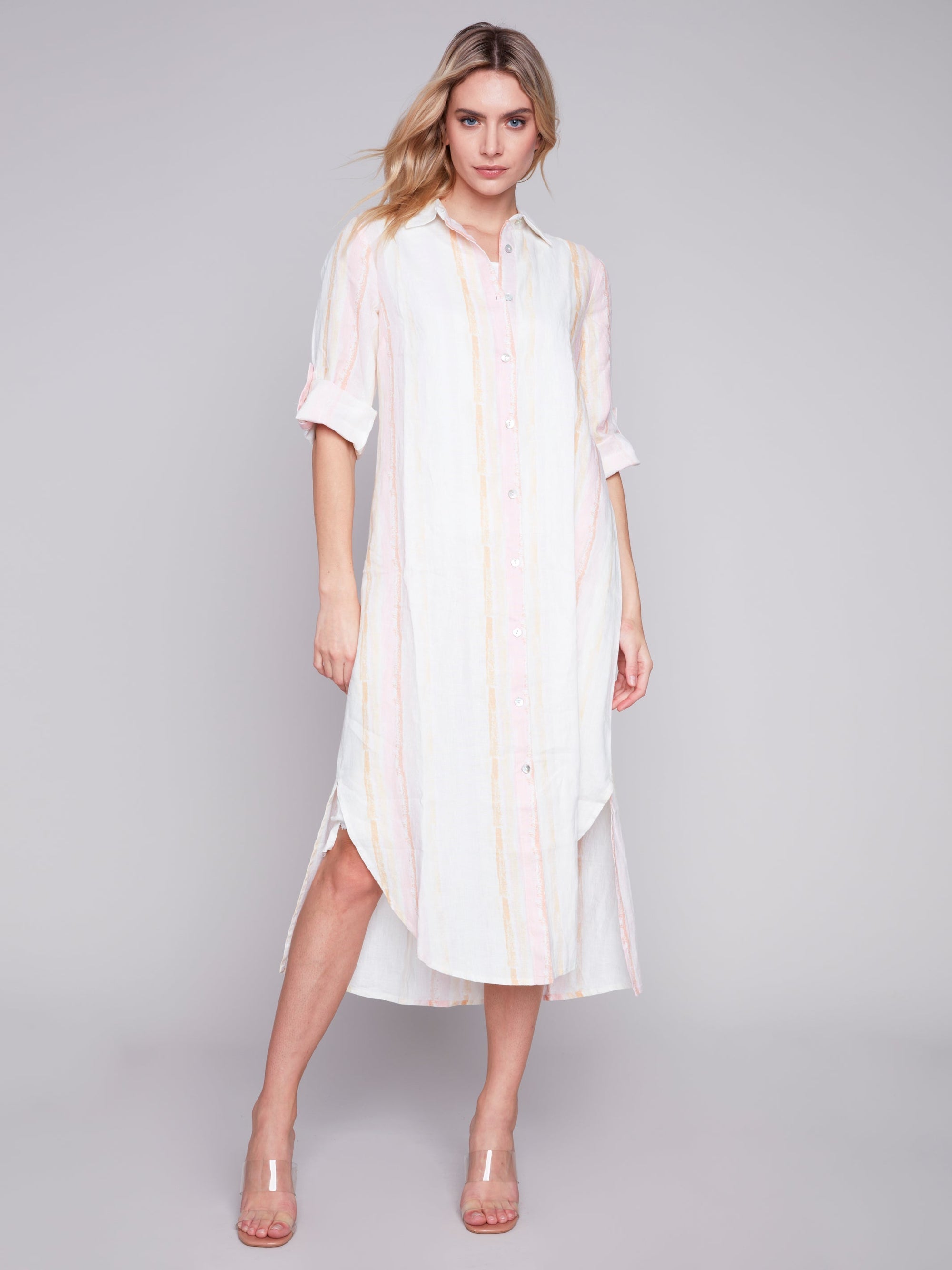 LONG LINEN BUTTON UP TUNIC DRESS-Dresses-CHARLIE B-Coriander