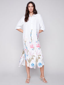 LONG LINEN BUTTON UP TUNIC DRESS-Dresses-CHARLIE B-Coriander