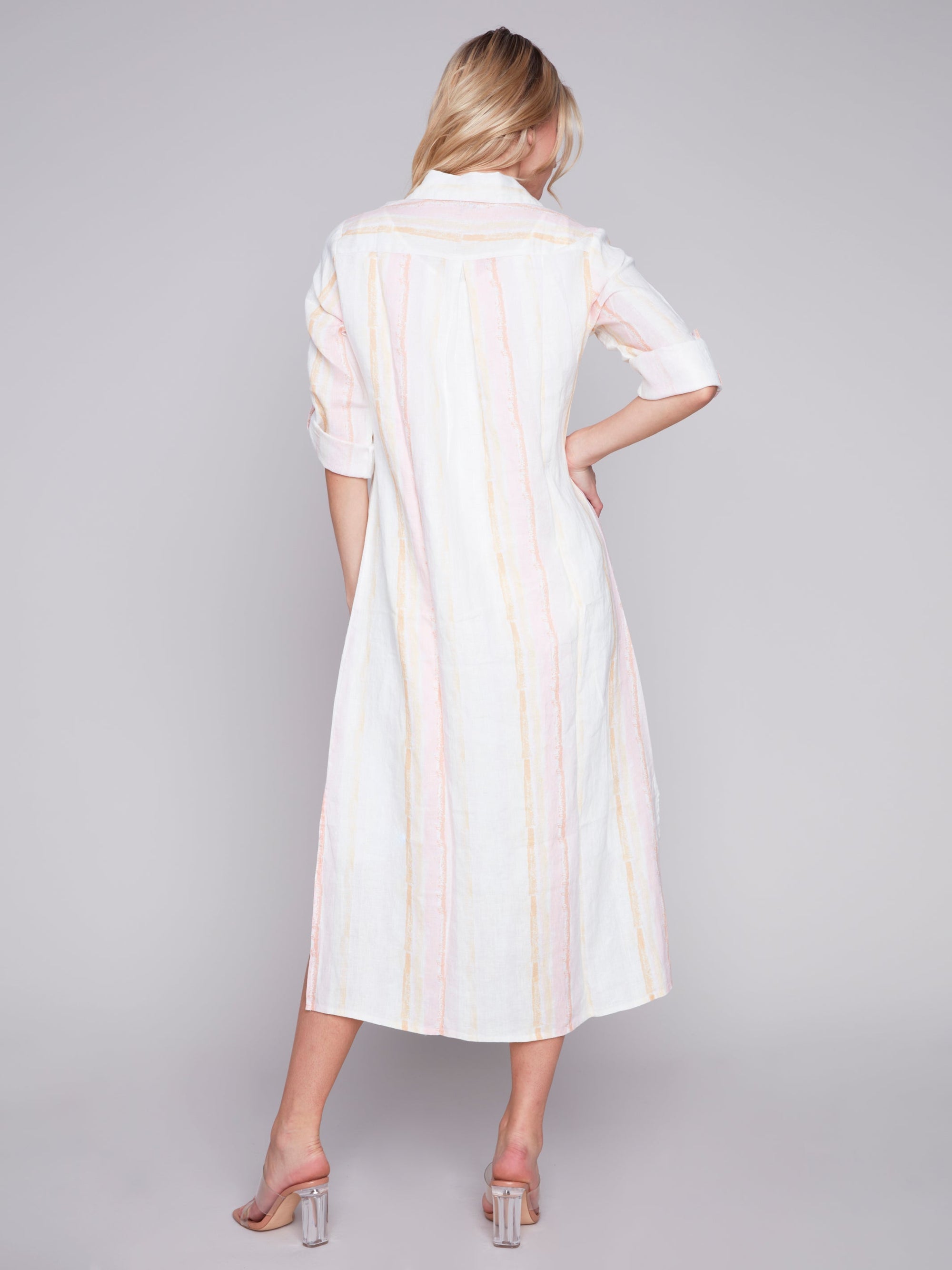 LONG LINEN BUTTON UP TUNIC DRESS-Dresses-CHARLIE B-Coriander