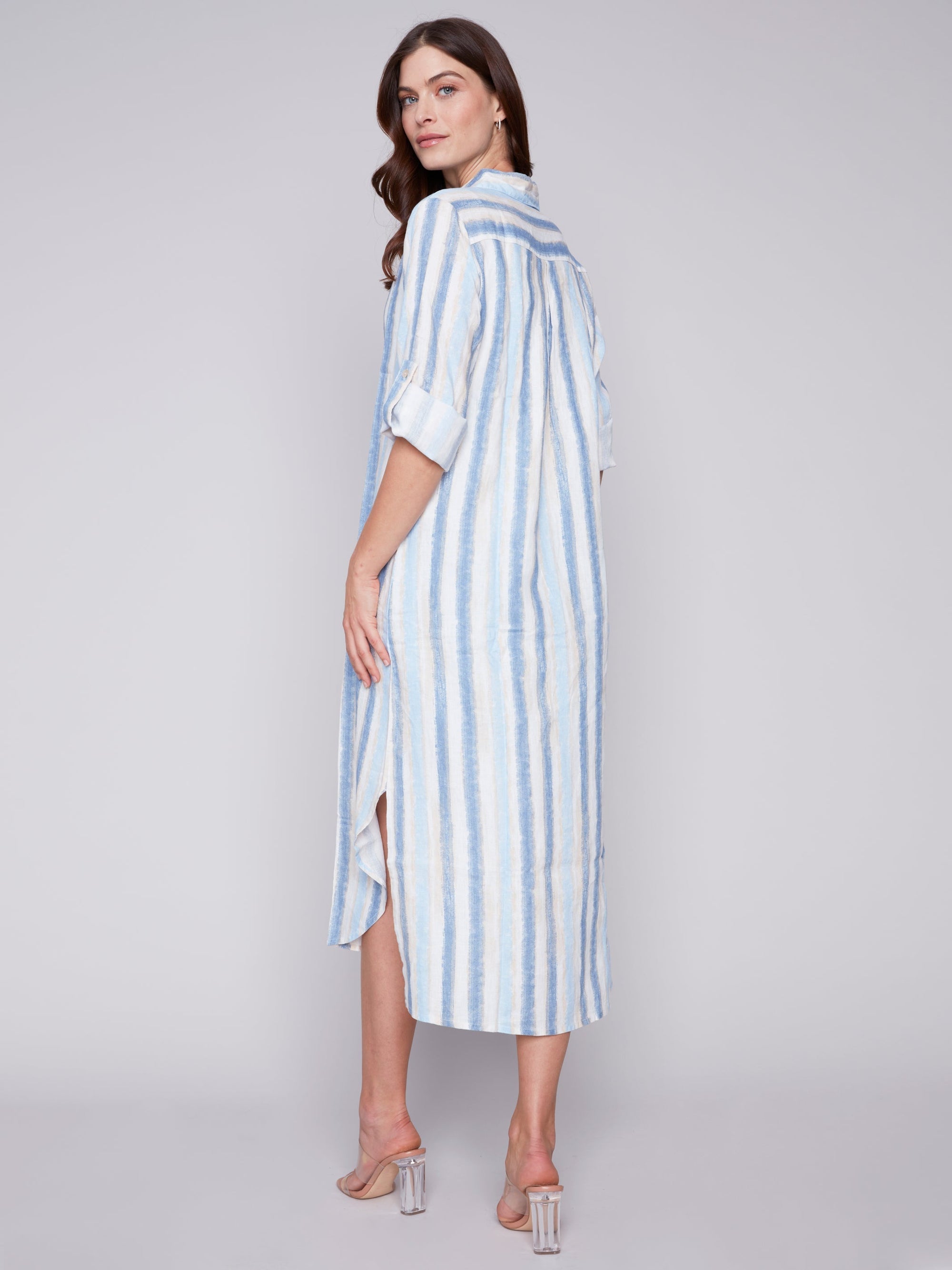 LONG LINEN BUTTON UP TUNIC DRESS-Dresses-CHARLIE B-Coriander