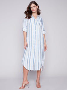 LONG LINEN BUTTON UP TUNIC DRESS-Dresses-CHARLIE B-XSMALL-NAUTICAL-Coriander