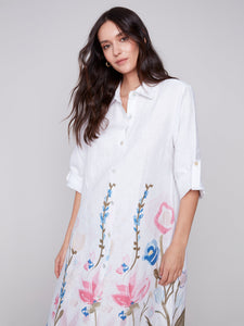 LONG LINEN BUTTON UP TUNIC DRESS-Dresses-CHARLIE B-XSMALL-PASTEL-Coriander