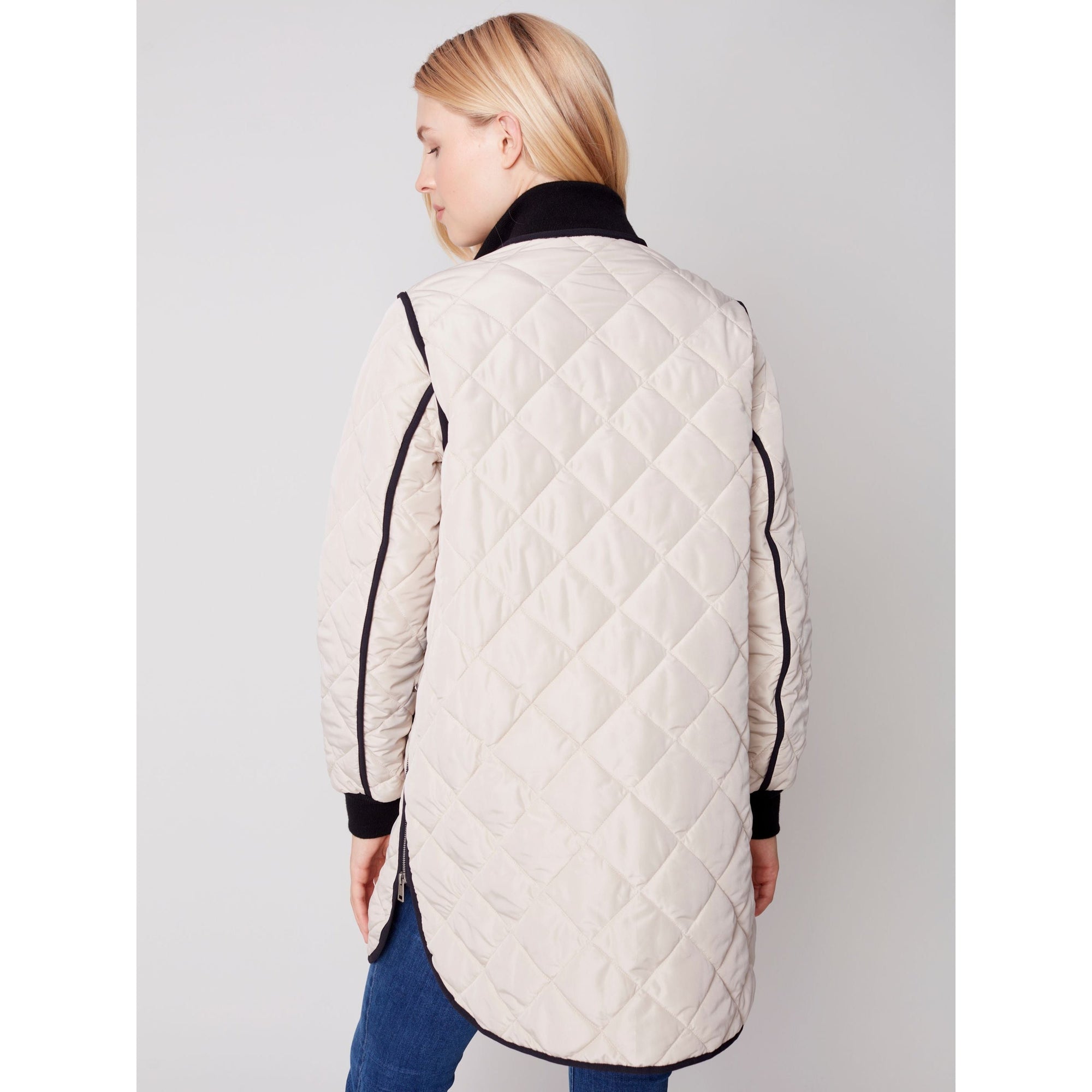 LONG QUILTED JACKET WITH RIBBED CUFFS-Jackets & Sweaters-CHARLIE B-SMALL-ALMOND-Coriander
