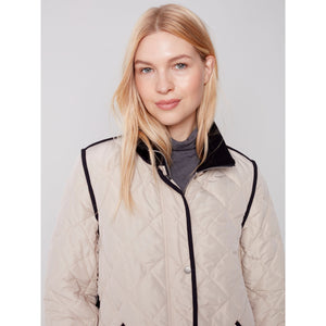 LONG QUILTED JACKET WITH RIBBED CUFFS-Jackets & Sweaters-CHARLIE B-Coriander