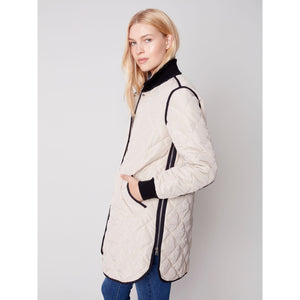 LONG QUILTED JACKET WITH RIBBED CUFFS-Jackets & Sweaters-CHARLIE B-Coriander