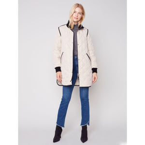 LONG QUILTED JACKET WITH RIBBED CUFFS-Jackets & Sweaters-CHARLIE B-Coriander