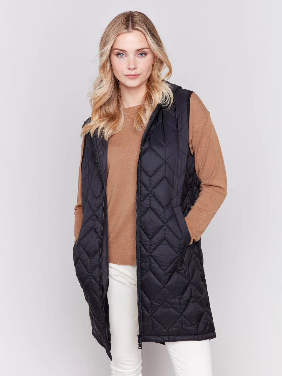 LONG QUILTED PUFFER VEST-Jackets & Sweaters-CHARLIE B-SMALL-Black-Coriander