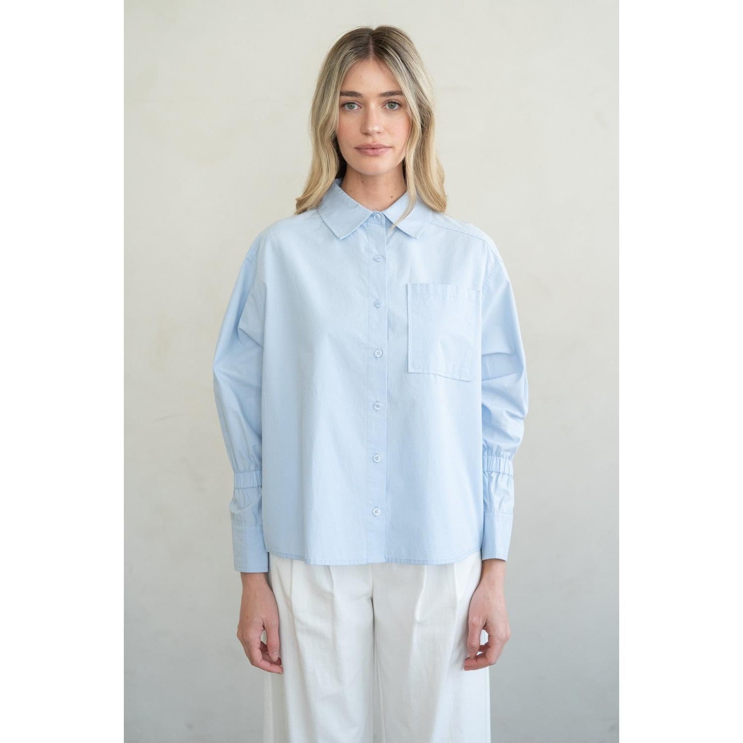 L/S COTTON SHIRT | ELASTIC SLEEVE BAND-Tops-ELLE GREY-SMALL-BABY BLUE-Coriander