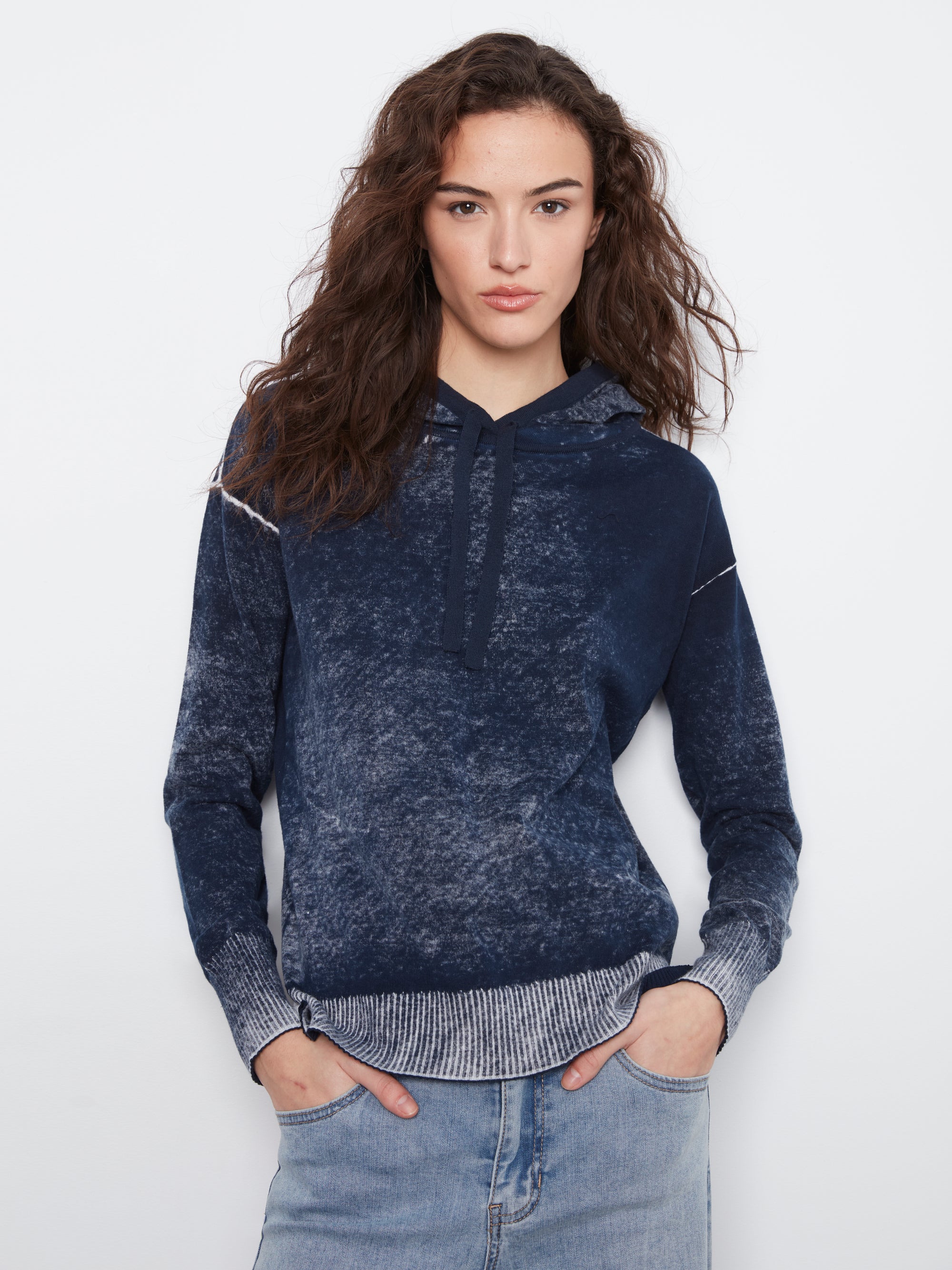 LONG SLEEVE HOODIE SWEATER | REVERSE PRINT-Jackets & Sweaters-CHARLIE B-SMALL-NAVY-Coriander