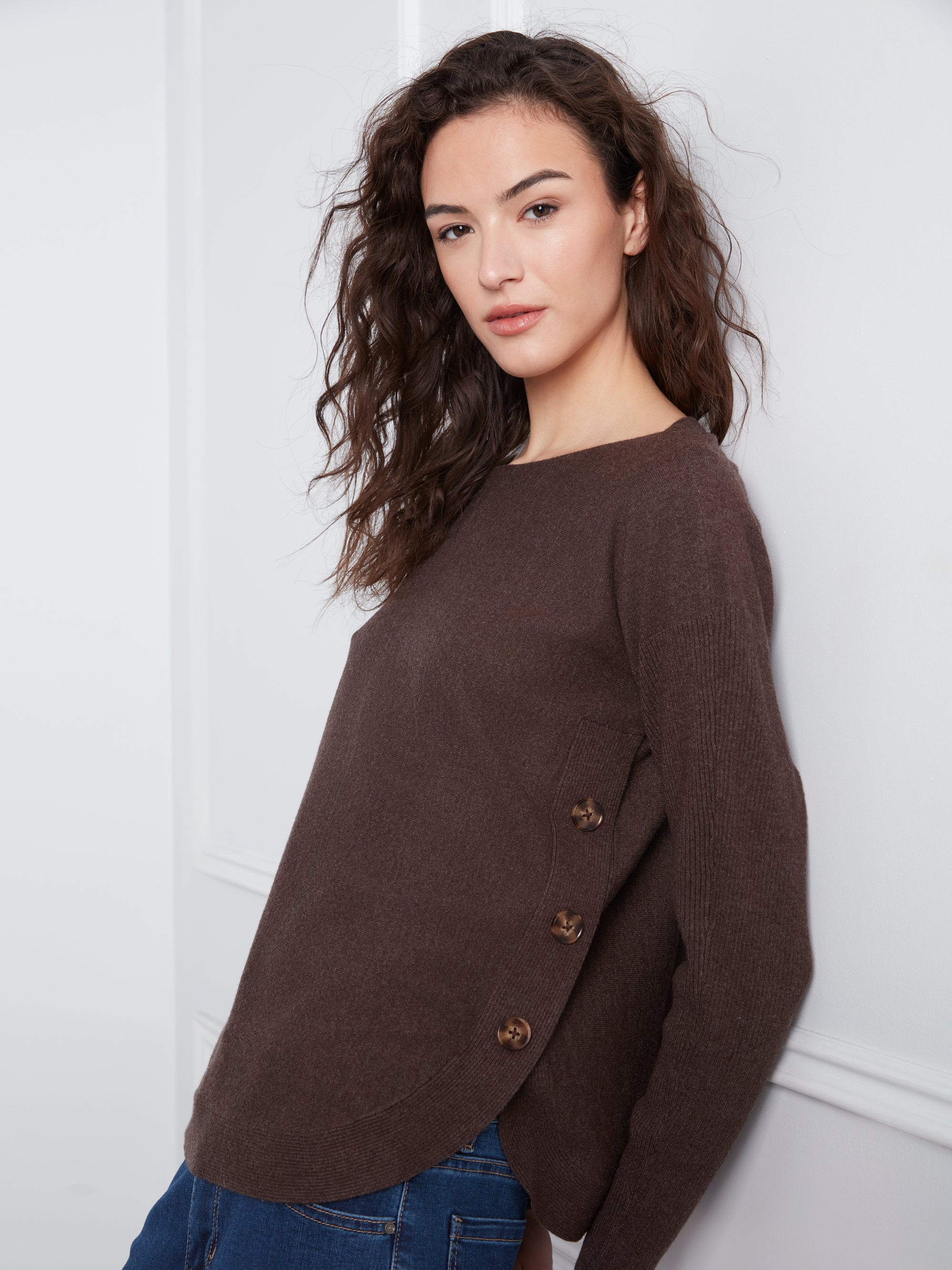 L/S PULLOVER SWEATER | BOAT NECK with BUTTONS-Jackets & Sweaters-CHARLIE B-Coriander