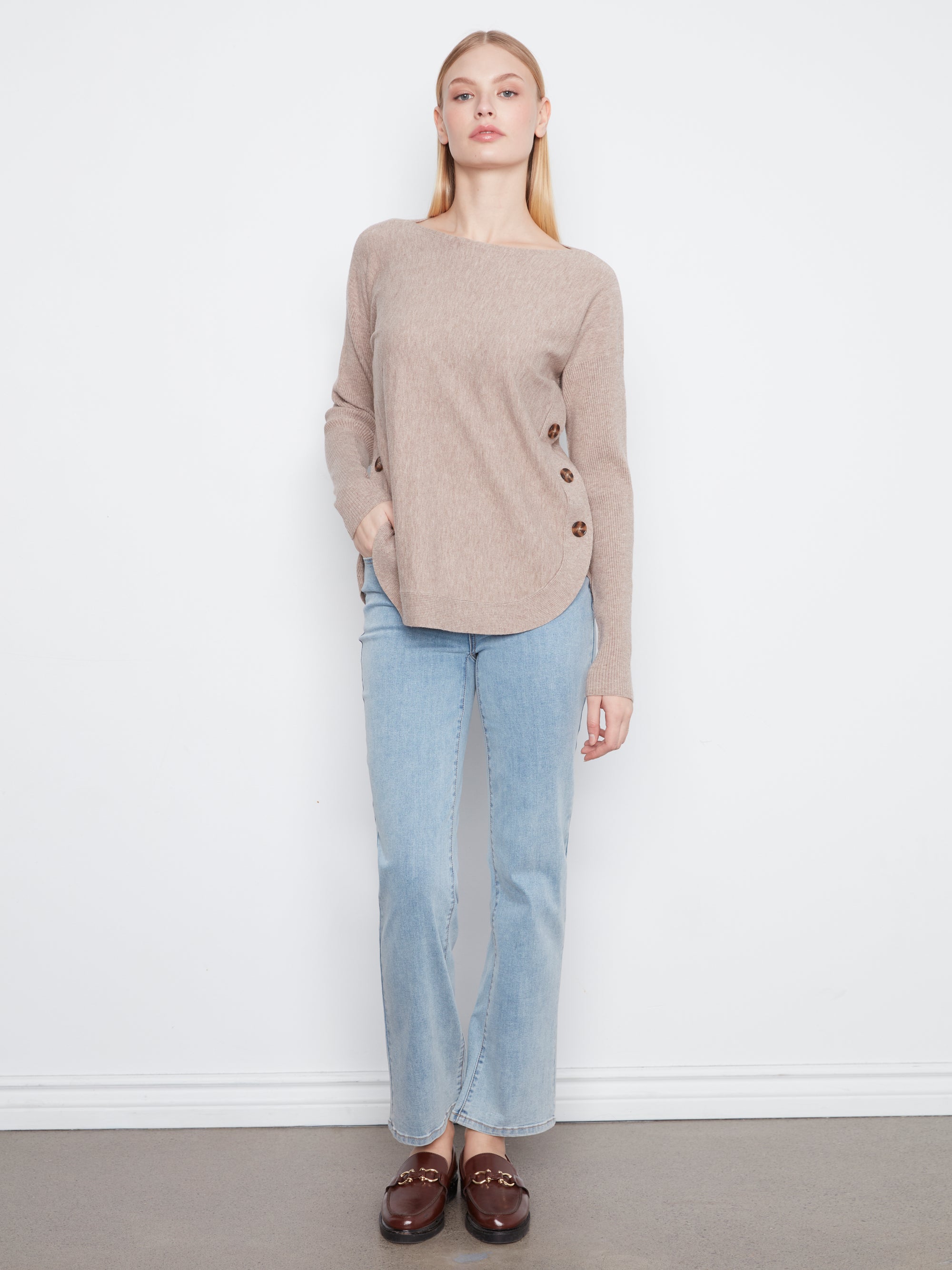 L/S PULLOVER SWEATER | BOAT NECK with BUTTONS-Jackets & Sweaters-CHARLIE B-Coriander