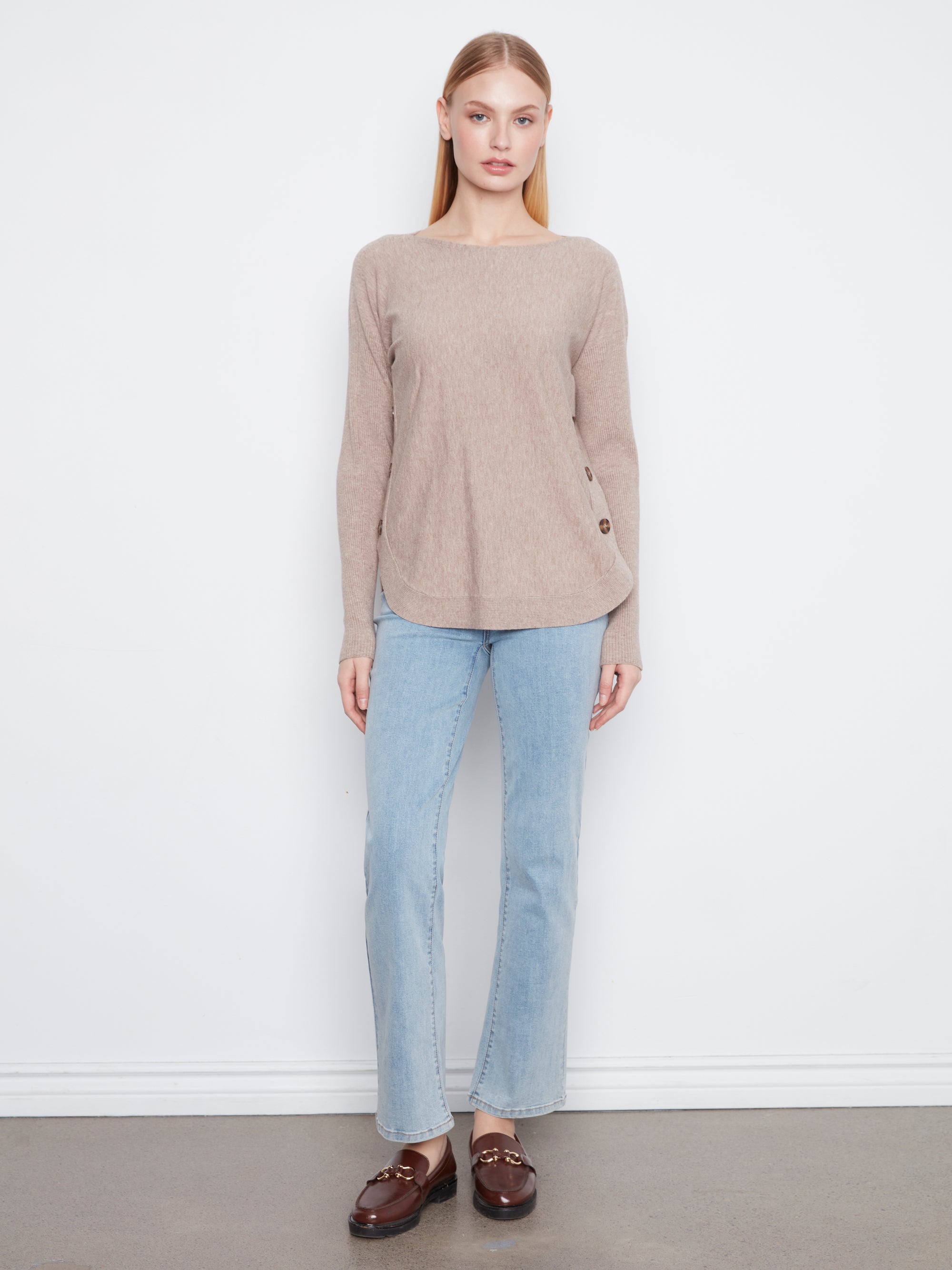 L/S PULLOVER SWEATER | BOAT NECK with BUTTONS-Jackets & Sweaters-CHARLIE B-Coriander