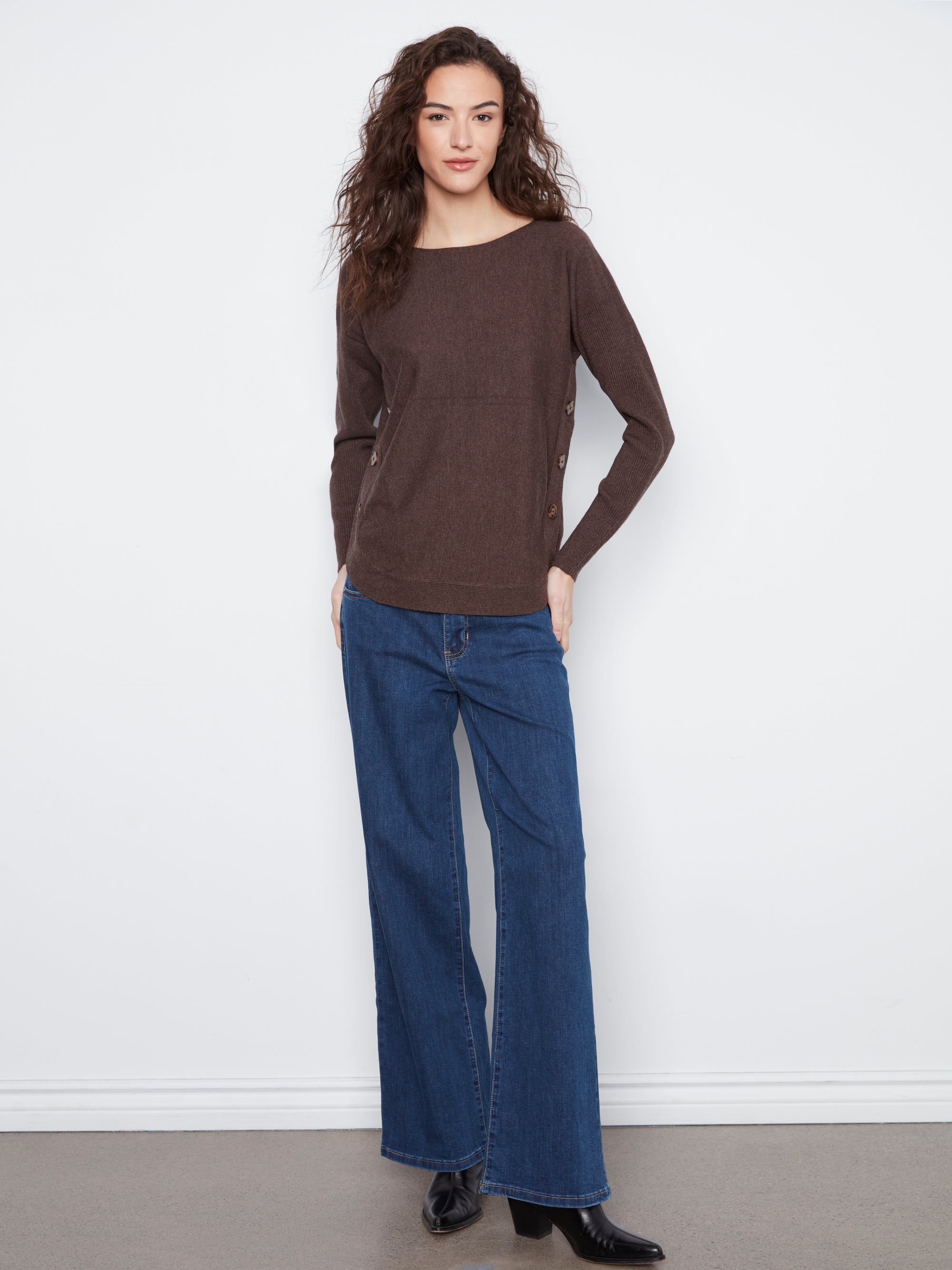 L/S PULLOVER SWEATER | BOAT NECK with BUTTONS-Jackets & Sweaters-CHARLIE B-Coriander