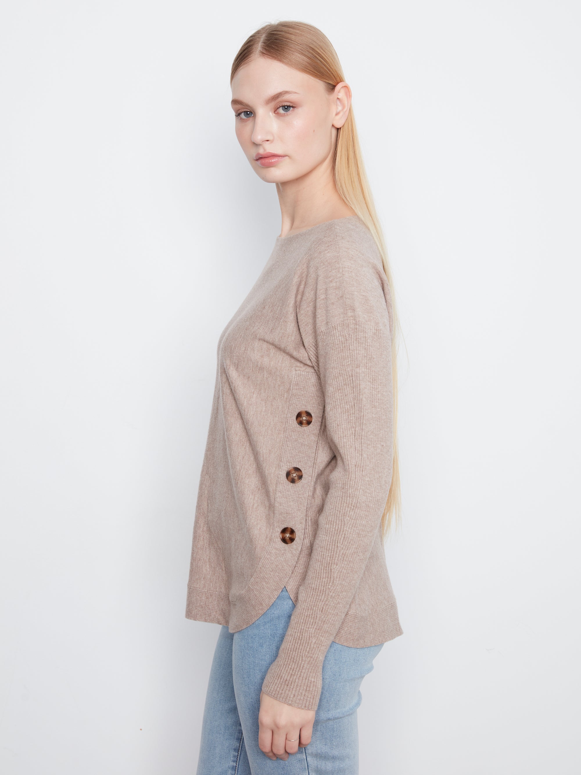 L/S PULLOVER SWEATER | BOAT NECK with BUTTONS-Jackets & Sweaters-CHARLIE B-Coriander