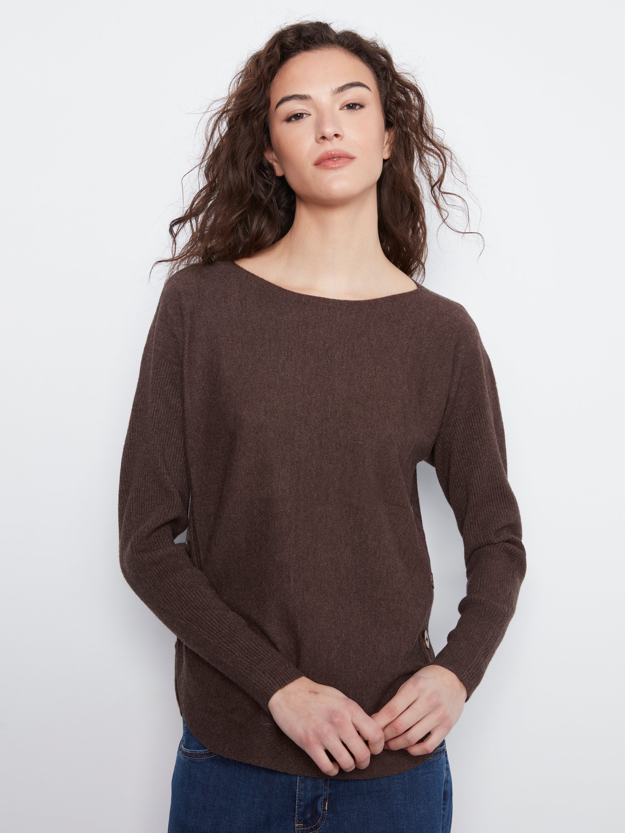 L/S PULLOVER SWEATER | BOAT NECK with BUTTONS-Jackets & Sweaters-CHARLIE B-XSMALL-COFFEE-Coriander
