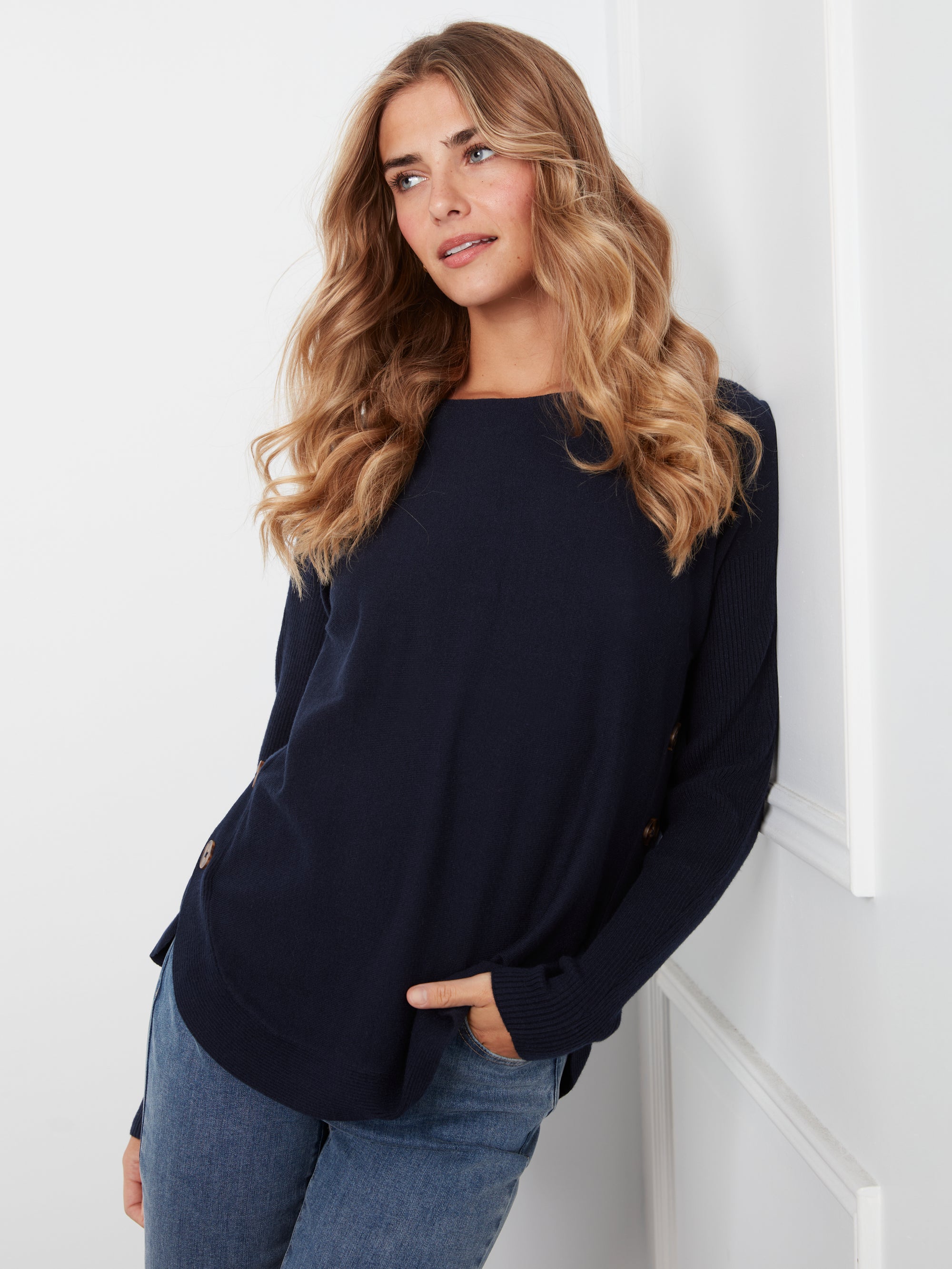 L/S PULLOVER SWEATER | BOAT NECK with BUTTONS-Jackets & Sweaters-CHARLIE B-XSMALL-NAVY-Coriander