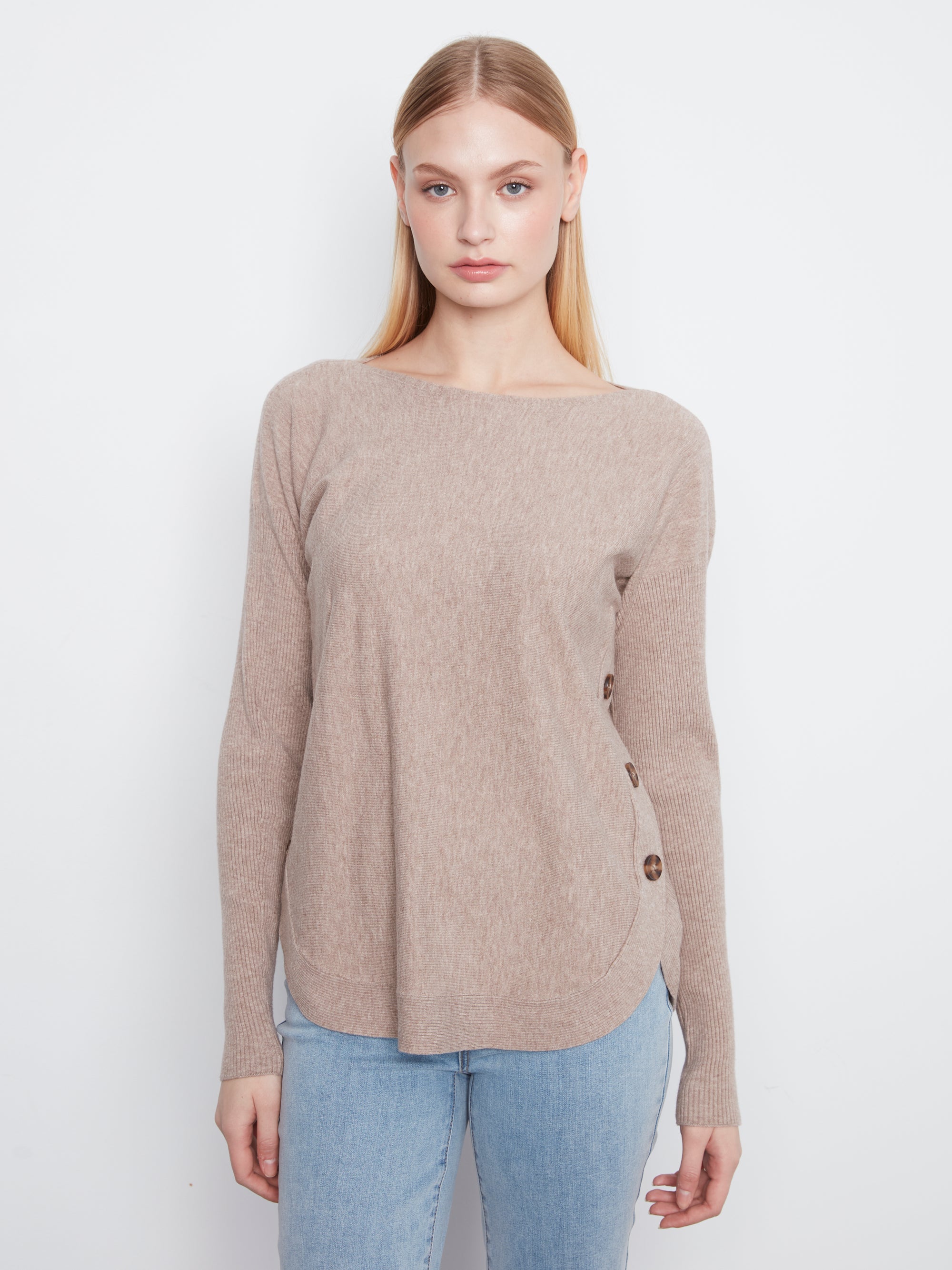 L/S PULLOVER SWEATER | BOAT NECK with BUTTONS-Jackets & Sweaters-CHARLIE B-XSMALL-TAUPE-Coriander