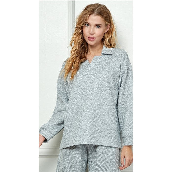 LONG SLEEVE WEAVE COLLARED TOP-Tops-SEE AND BE SEEN-SMALL-GREY-Coriander
