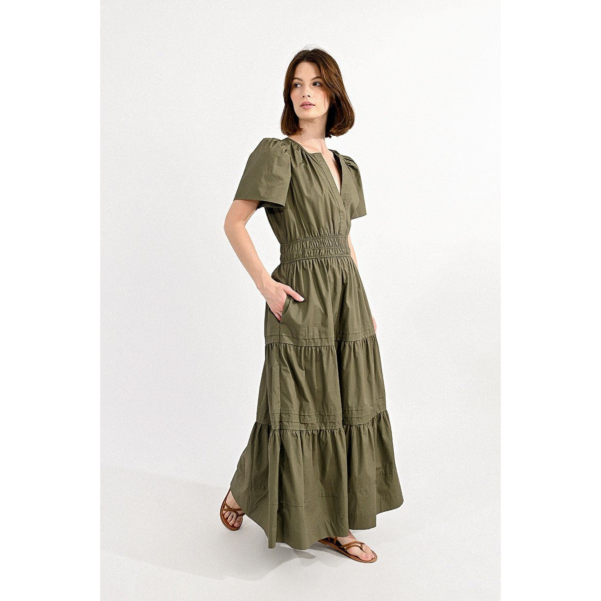 LONG TIERED DRESS-Dresses-MOLLY BRACKEN-XSMALL-KHAKI-Coriander