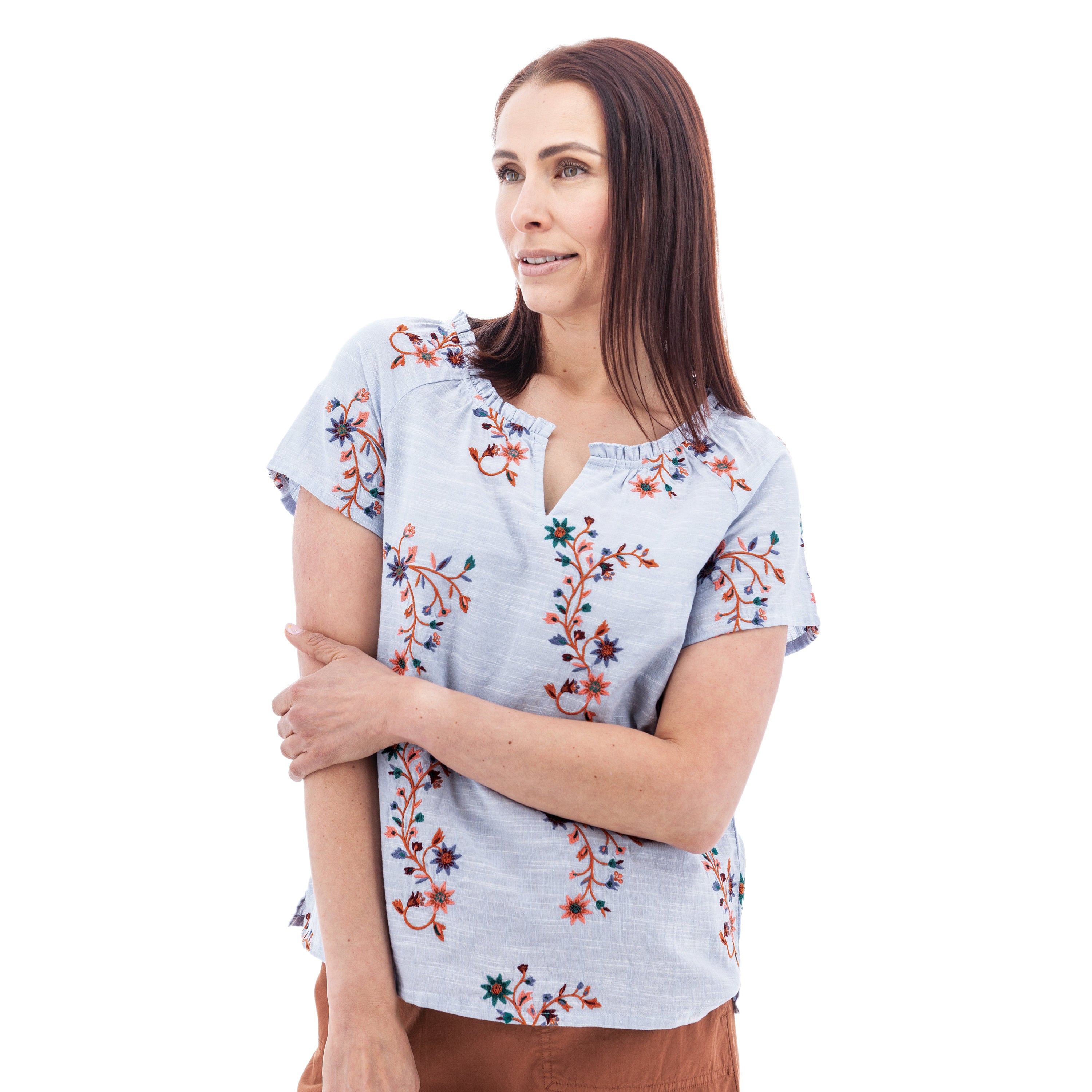 LORENA FLORAL SPLIT NECK BLOUSE-Top-AVENTURA-Coriander
