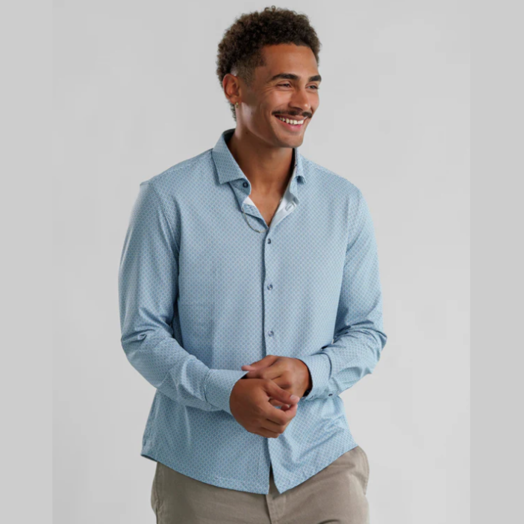 L/S BUTTON UP SHIRT | DIAMOND GEO-Shirt-STONE ROSE-MEDIUM-LIGHT BLUE-Coriander