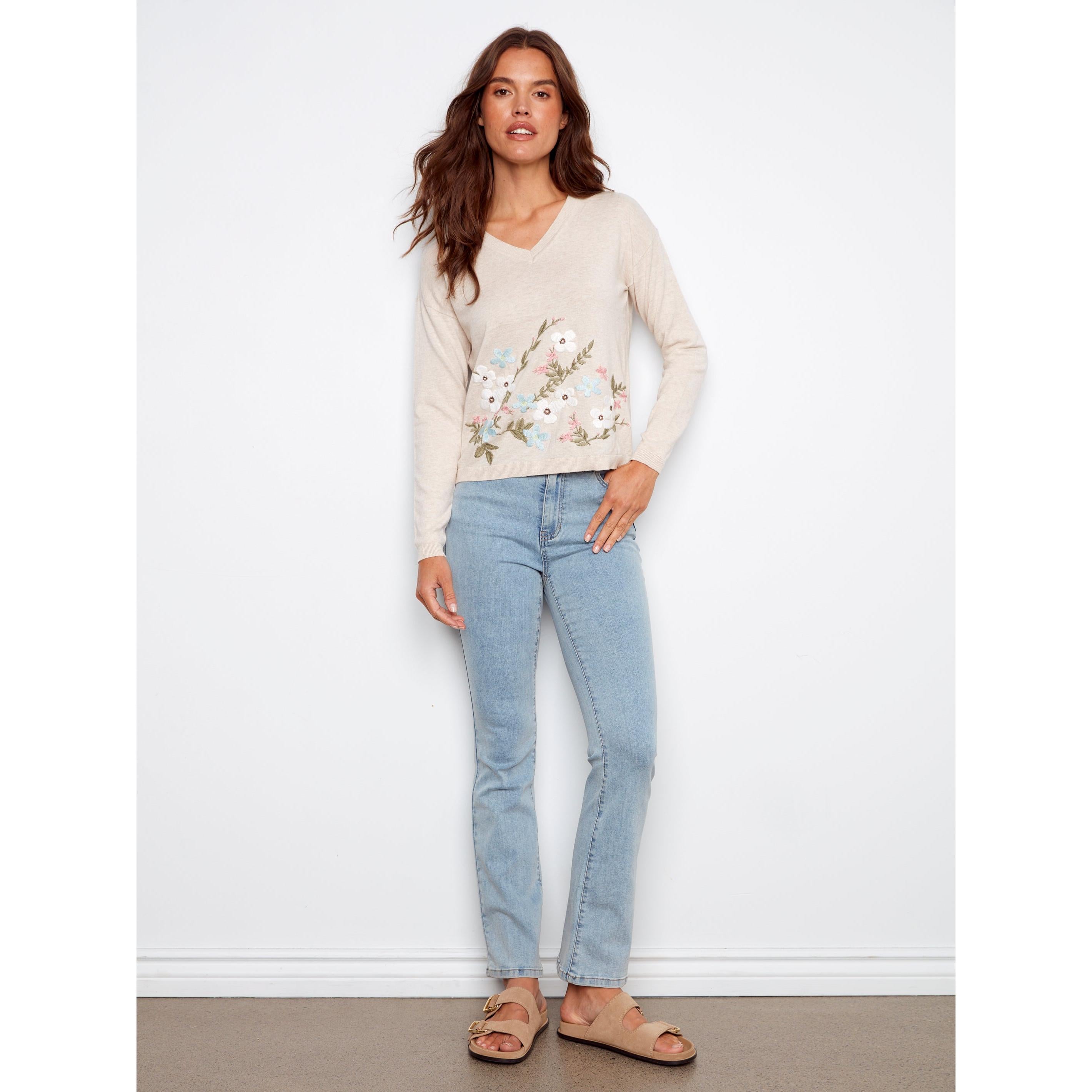 L/S PULLOVER SWEATER | EMBROIDERY WILDFLOWERS-Jackets & Sweaters-CHARLIE B-Coriander