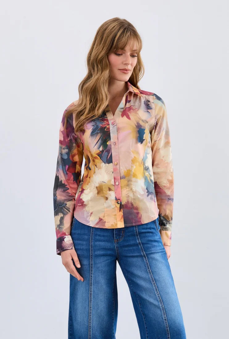 L/S SHIRT | SPLIT NECK: MELANIE-Tops-FRENCH DRESSING JEANS-XSMALL-MELANIE PRINT-Coriander