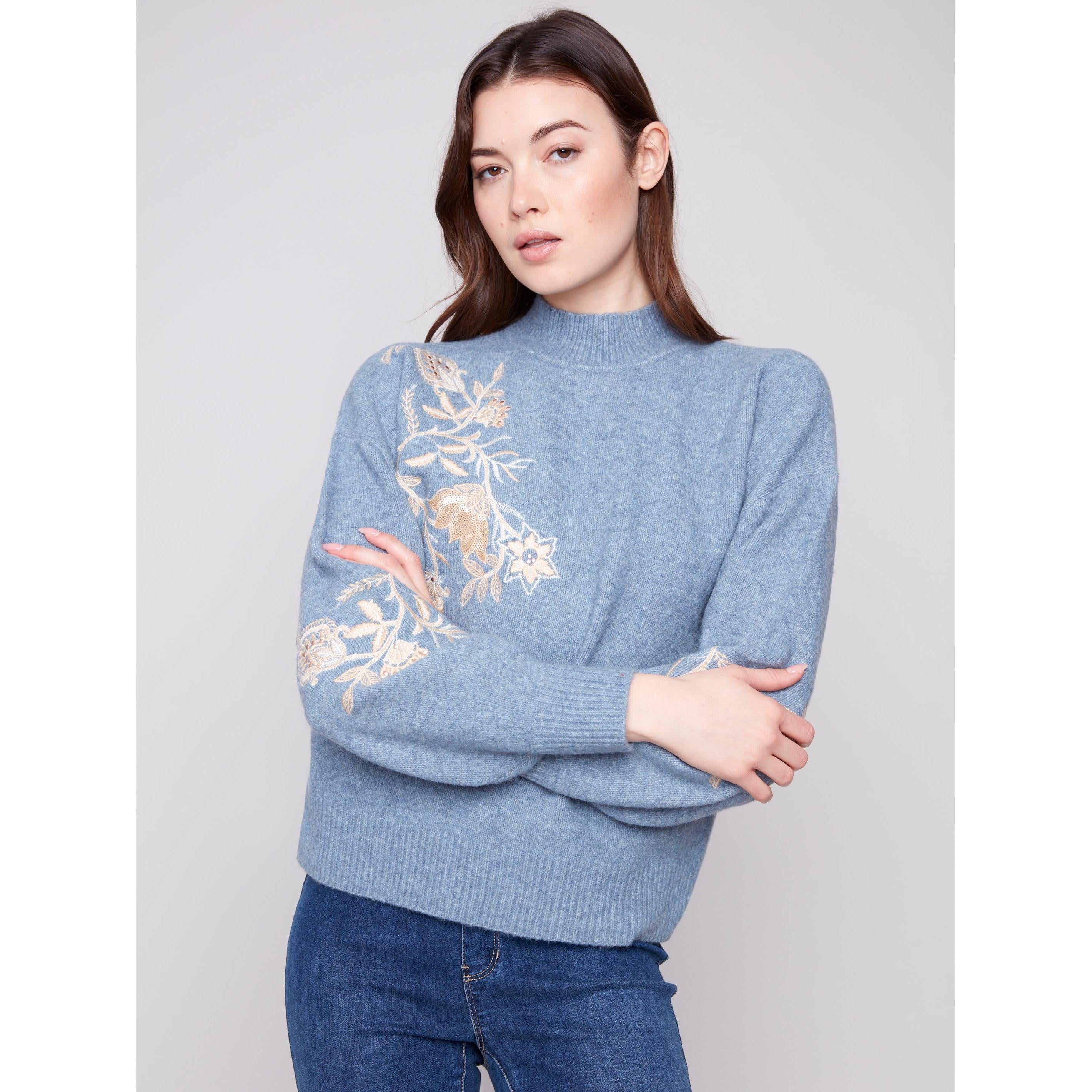 L/S SWEATER | MOCK NECK WITH SEQUINS-Jackets & Sweaters-CHARLIE B-Coriander