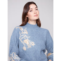 L/S SWEATER | MOCK NECK WITH SEQUINS-Jackets & Sweaters-CHARLIE B-XSMALL-DENIM-Coriander