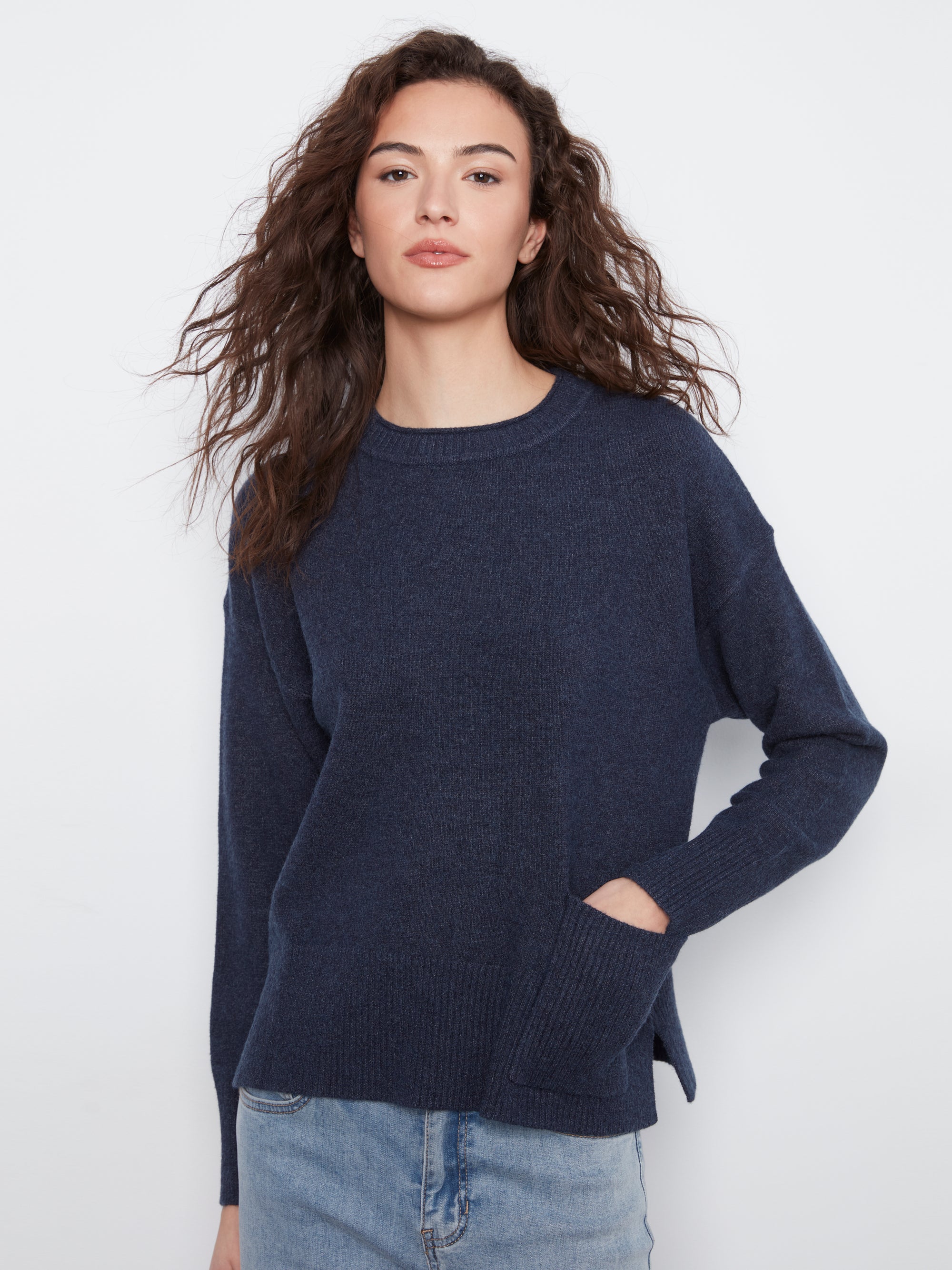 L/S SWEATER | PATCH POCKET SWEATER-Jackets & Sweaters-CHARLIE B-XSMALL-HEATHER DENIM-Coriander