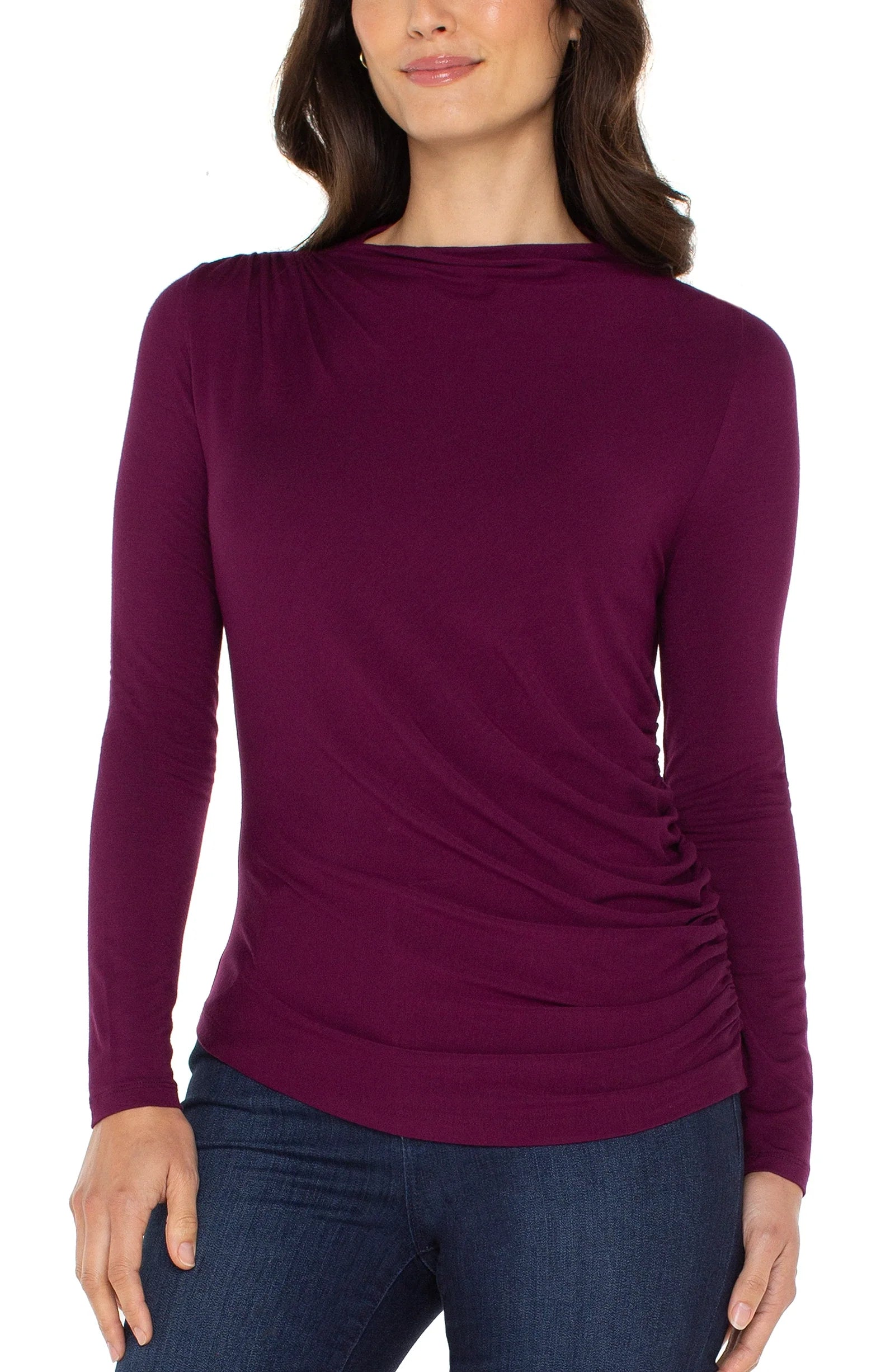 L/S TOP | MOCK NECK WITH SHIRRING-Tops-LIVERPOOL-SMALL-WINE BERRY MULTI-Coriander