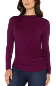 L/S TOP | MOCK NECK WITH SHIRRING-Tops-LIVERPOOL-SMALL-WINE BERRY MULTI-Coriander