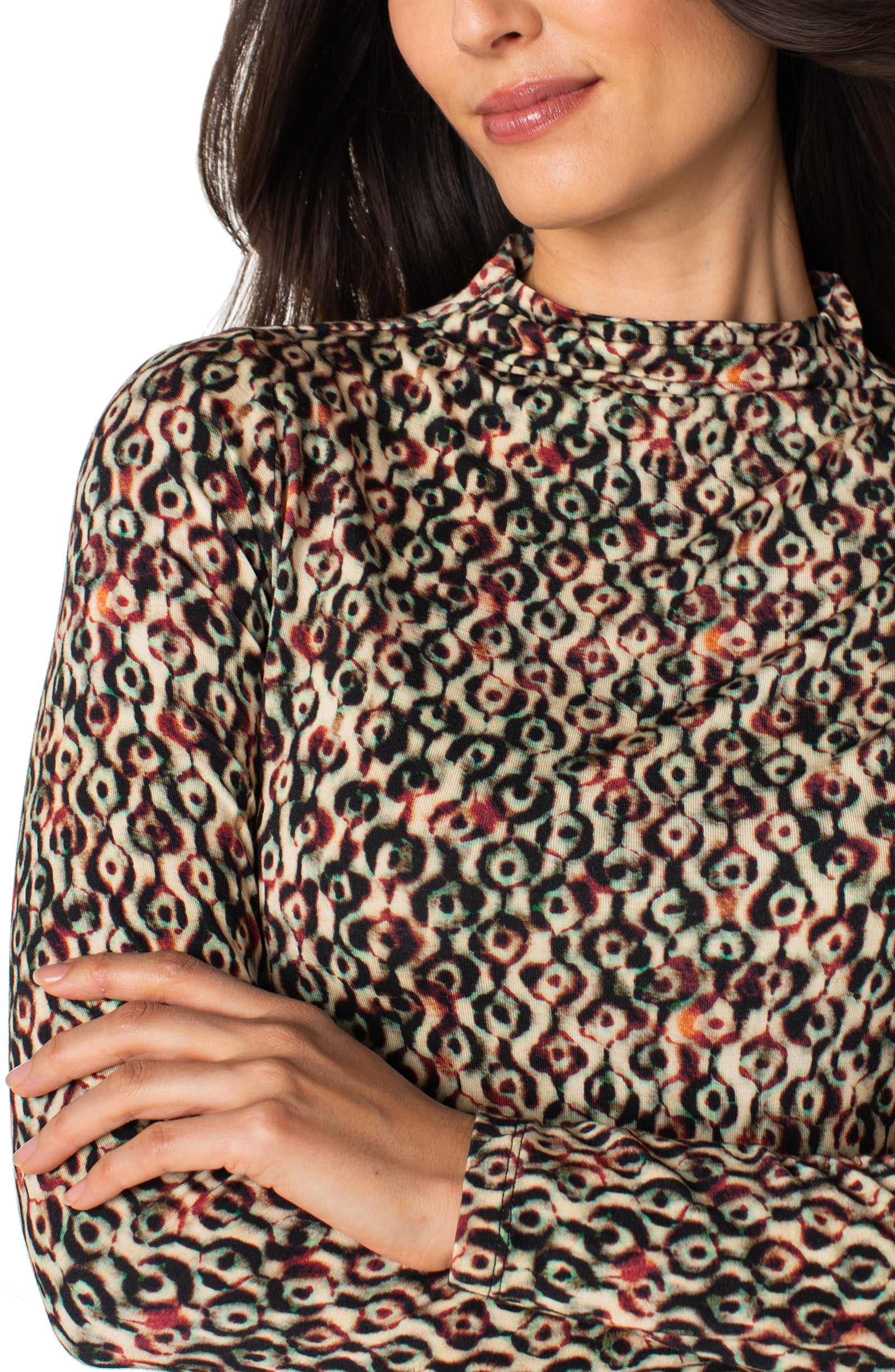 L/S TOP | PLEATED MOCK NECK-Tops-LIVERPOOL-SMALL-MULTI GEO IKAT-Coriander