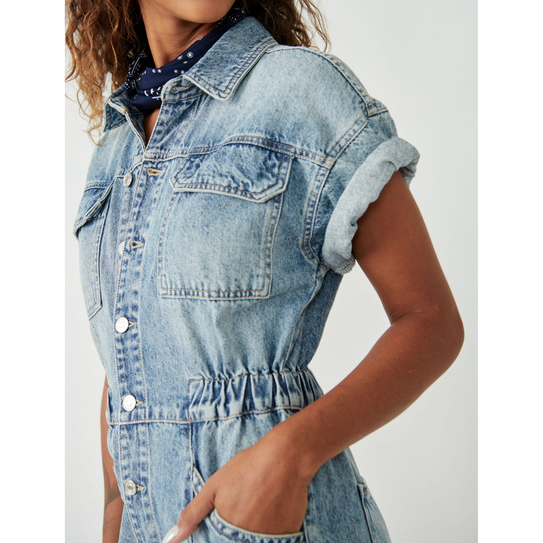 MARCI CUFFED SHORTALLS-Denim-FREE PEOPLE-Coriander